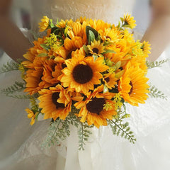 Simulated bride holding flower sunflower bouquet