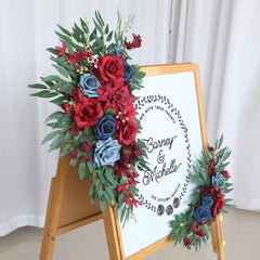 Simulated Wine Red Royal Blue Rose Art Wedding Welcome Sign Decorative Corner Flower Prop