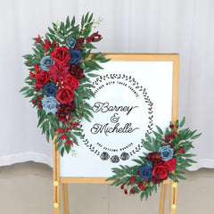 Simulated Wine Red Royal Blue Rose Art Wedding Welcome Sign Decorative Corner Flower Prop