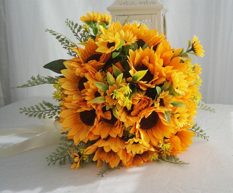 Simulated bride holding flower sunflower bouquet