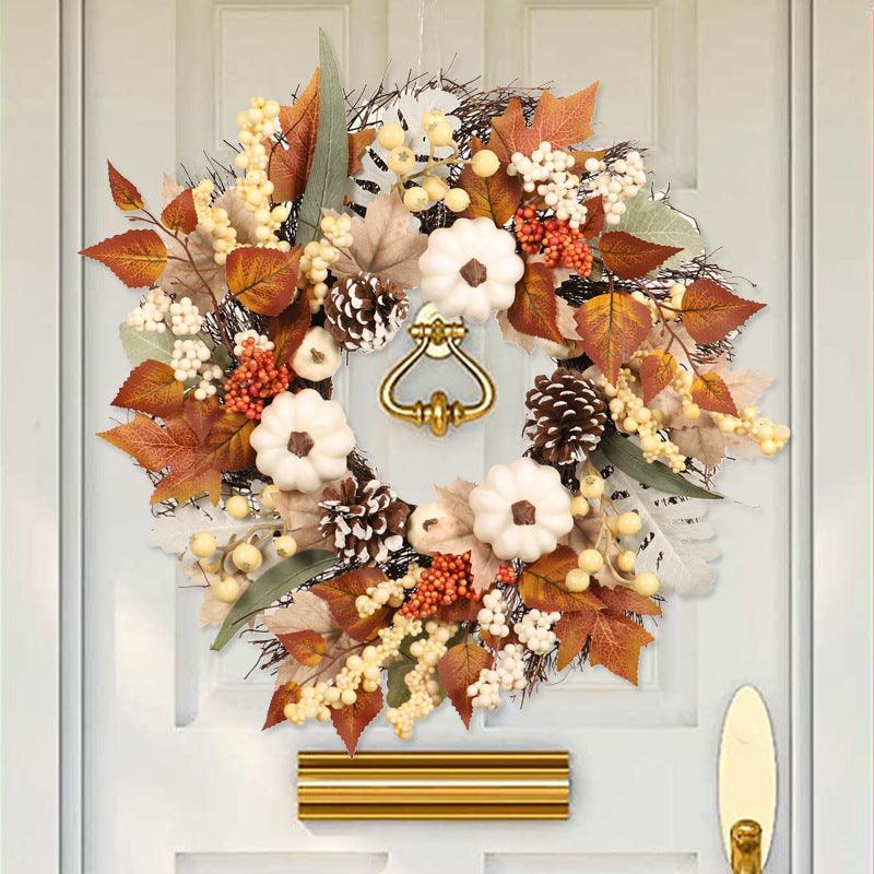 Autumn White Maple Leaf Pumpkin Wreath Rattan Lintel Flowers