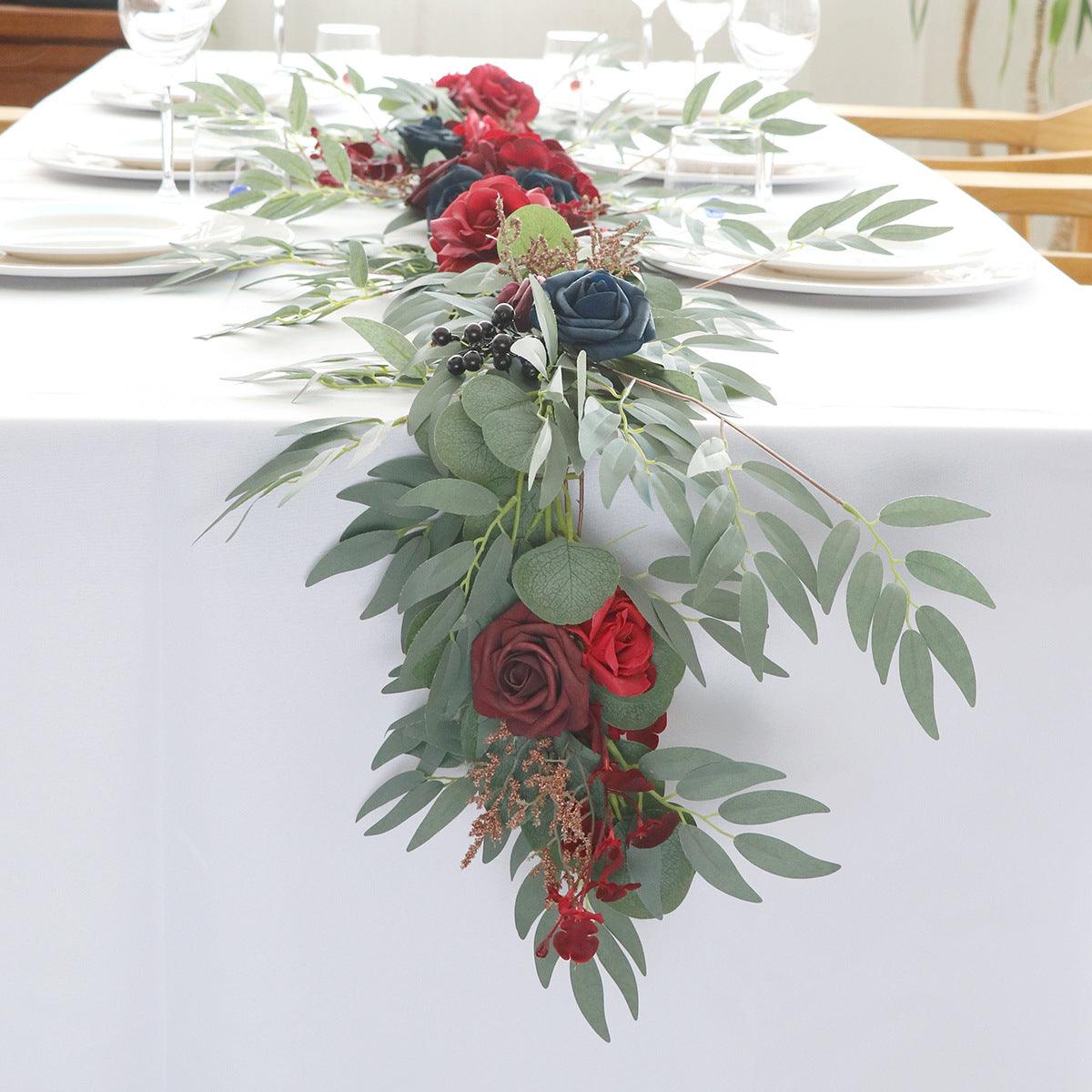 Outdoor Wedding Simulation Wine Red Sapphire Blue Rose Table Flower Vine Decoration