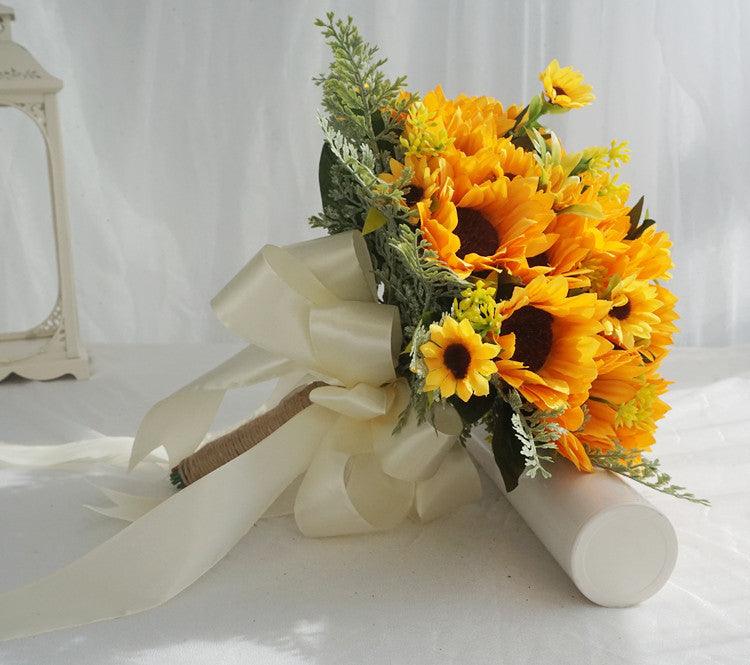 Simulated bride holding flower sunflower bouquet