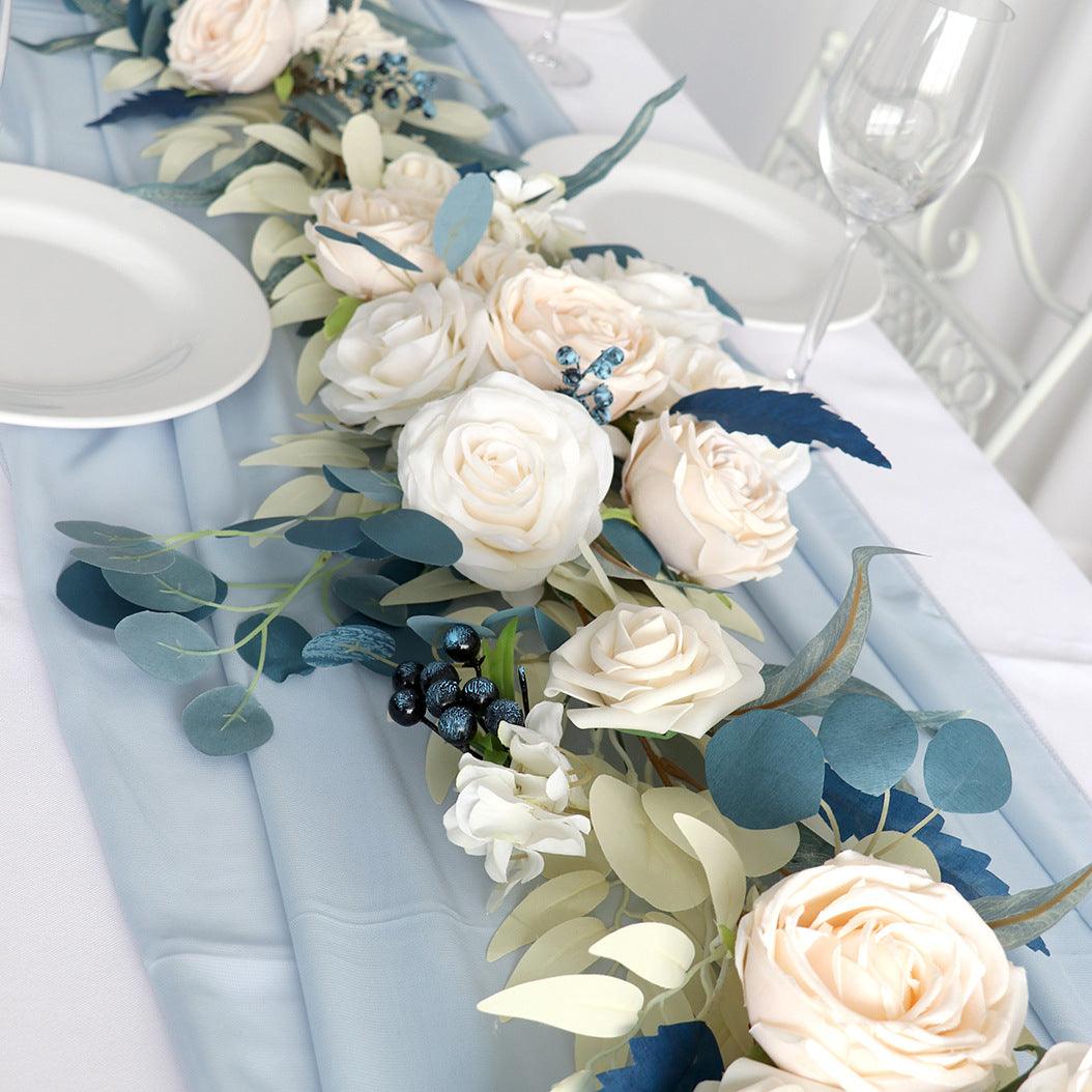 Simulated Rose Stripe Rice White Peacock Blue Vine Stripe Table Flower Rose Vine Wedding Decoration Background