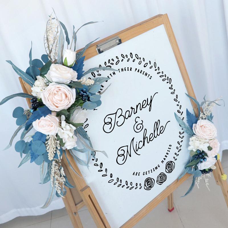 Simulated Peacock Blue Champagne Rose Art Wedding Welcome Sign Decorative Corner Flower Prop