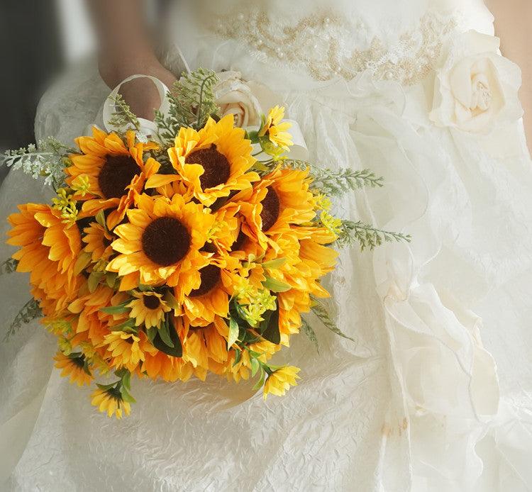 Simulated bride holding flower sunflower bouquet