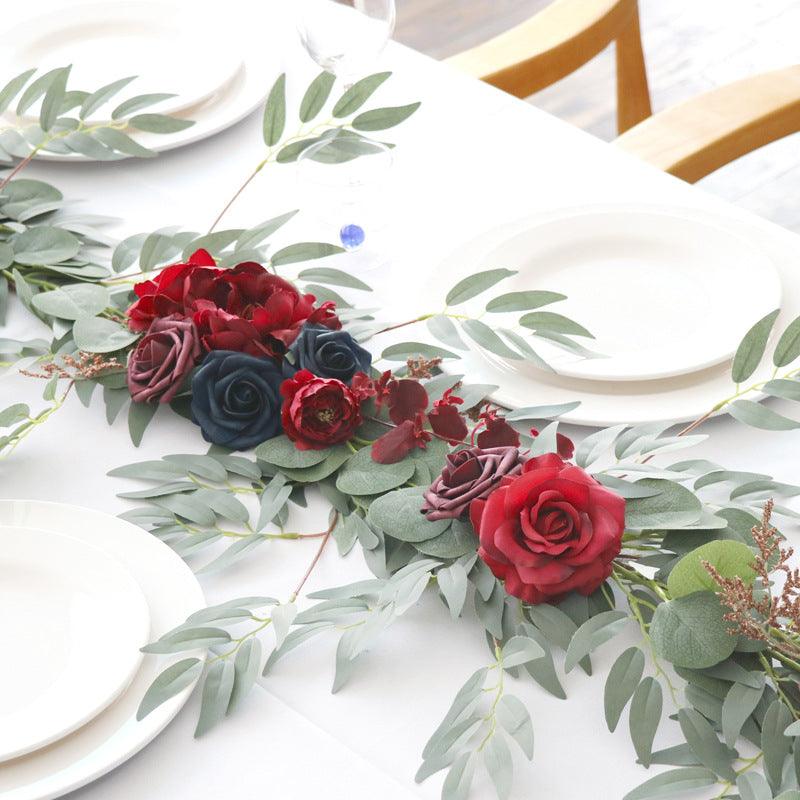 Outdoor Wedding Simulation Wine Red Sapphire Blue Rose Table Flower Vine Decoration