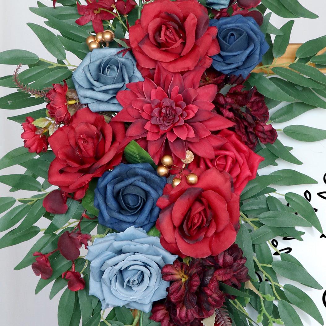 Simulated Wine Red Royal Blue Rose Art Wedding Welcome Sign Decorative Corner Flower Prop