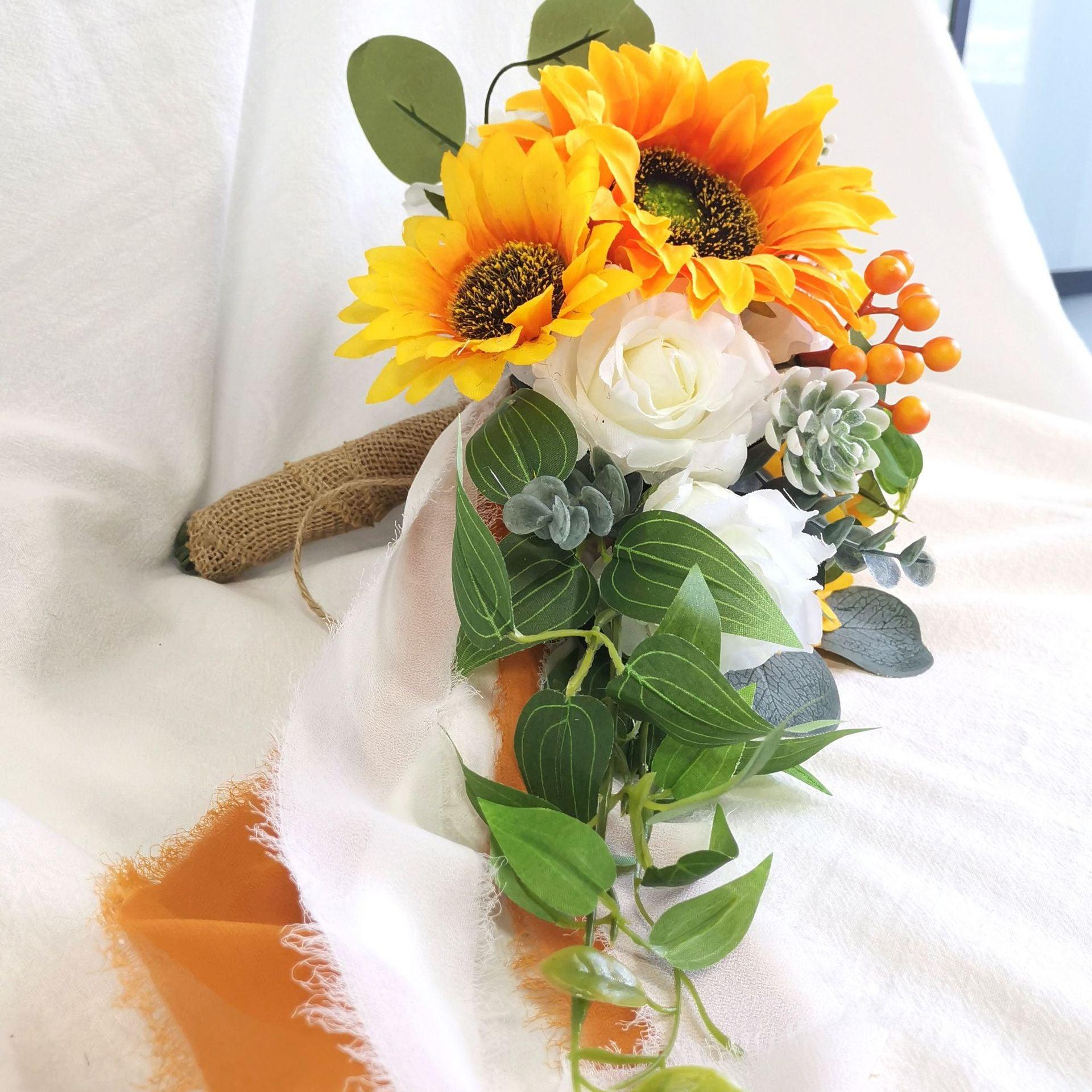 European style simulated sunflower bouquet with water drops in hand