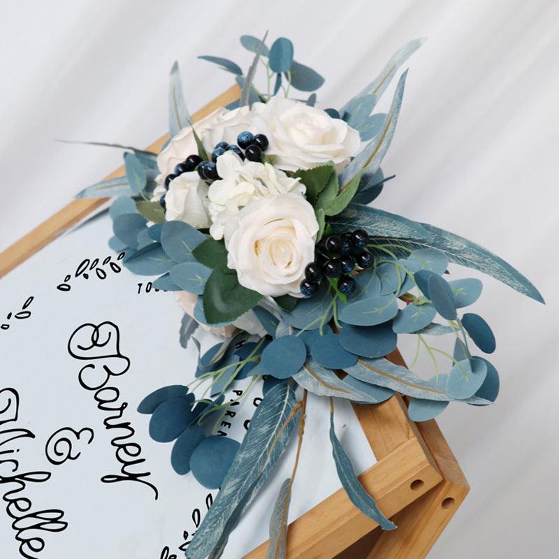 Simulated Peacock Blue Champagne Rose Silk Flower Wedding Welcome Sign Flower Art Guide Sign Prop