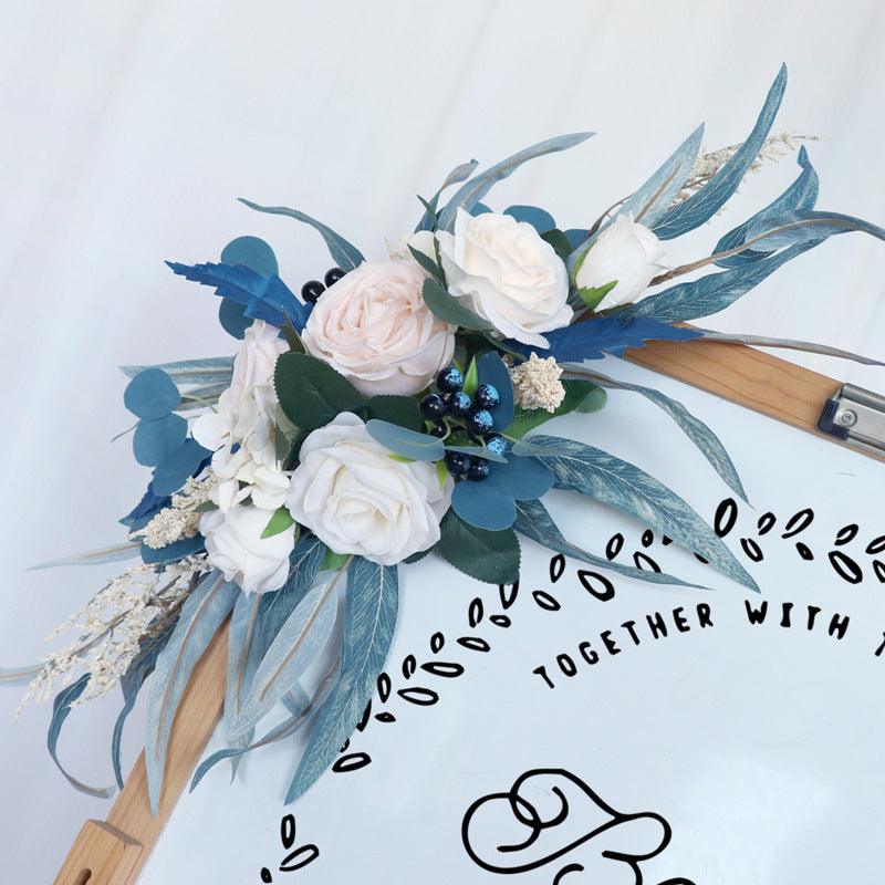 Simulated Peacock Blue Champagne Rose Art Wedding Welcome Sign Decorative Corner Flower Prop