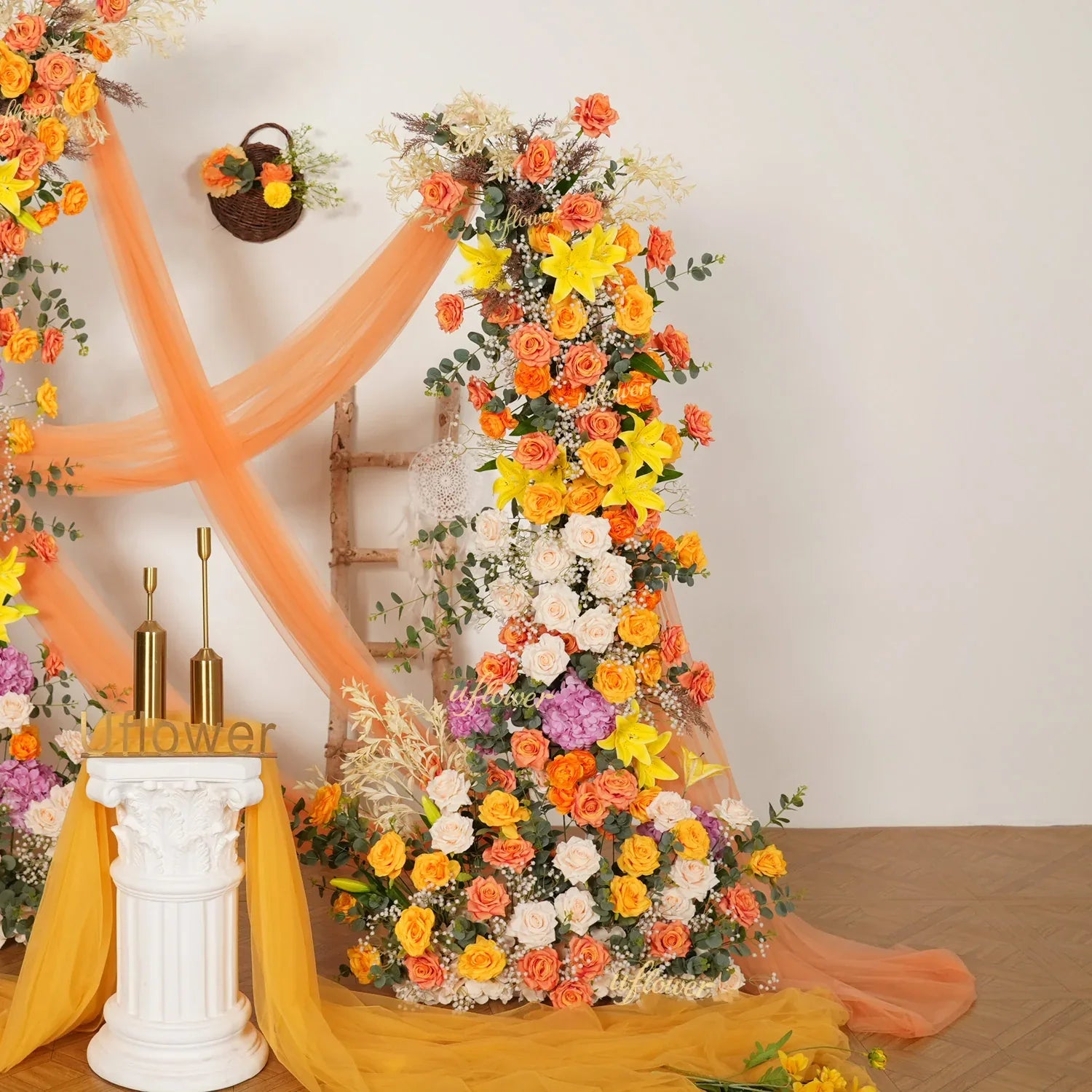Uflower Orange Yellow Flower Horn Arch Wedding Party Birthday Backdrop Decor SET80139 - Uflower