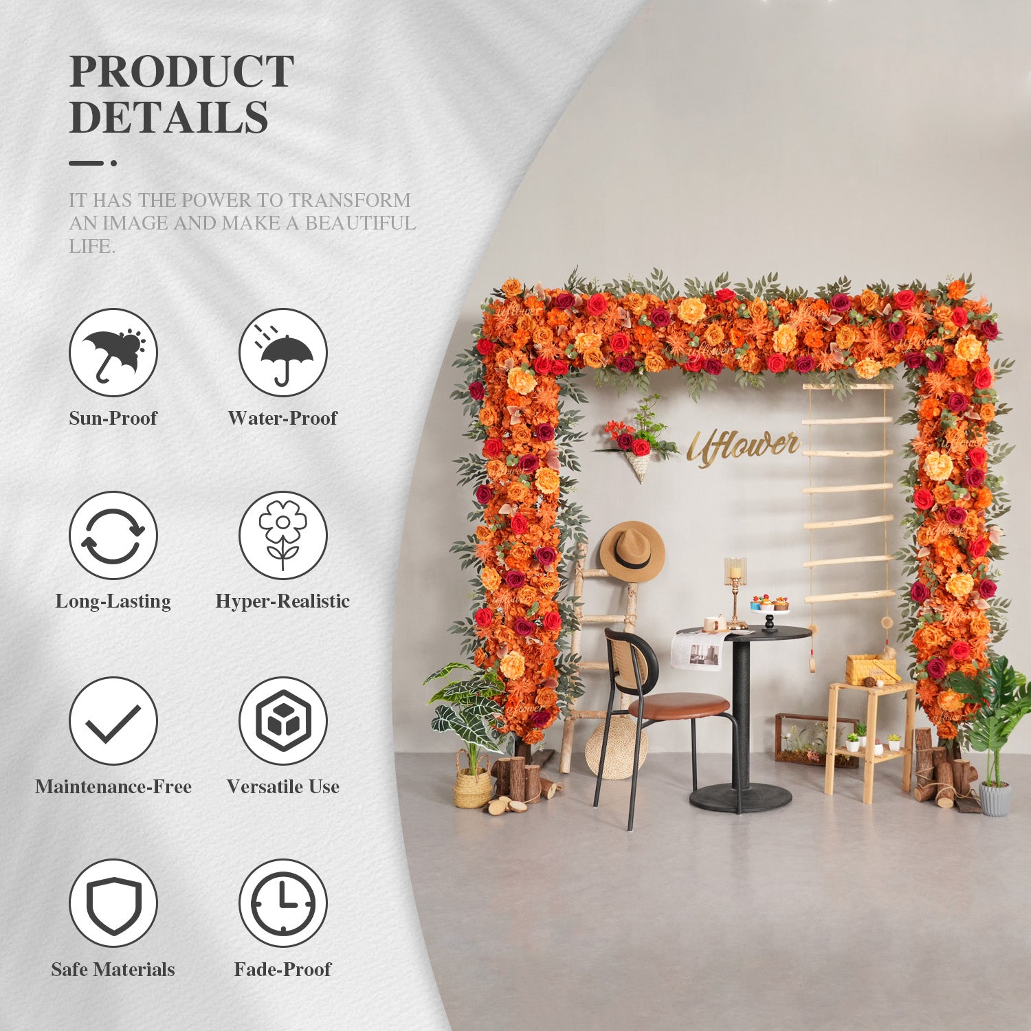 Uflower Orange Red Rose Floral Square Arch Wedding Party Ceremony Backdrop Decor