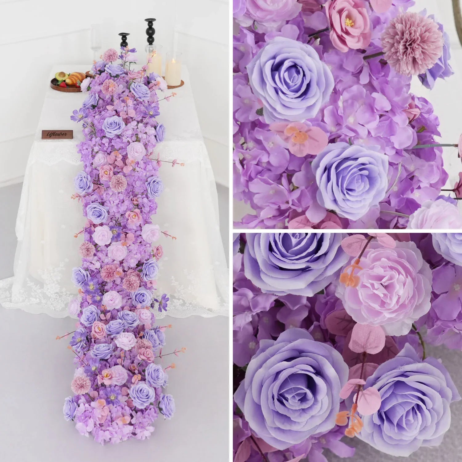 Uflower Purple Rose Table Runner Sofa Floral Wedding Backdrop Decor - Uflower