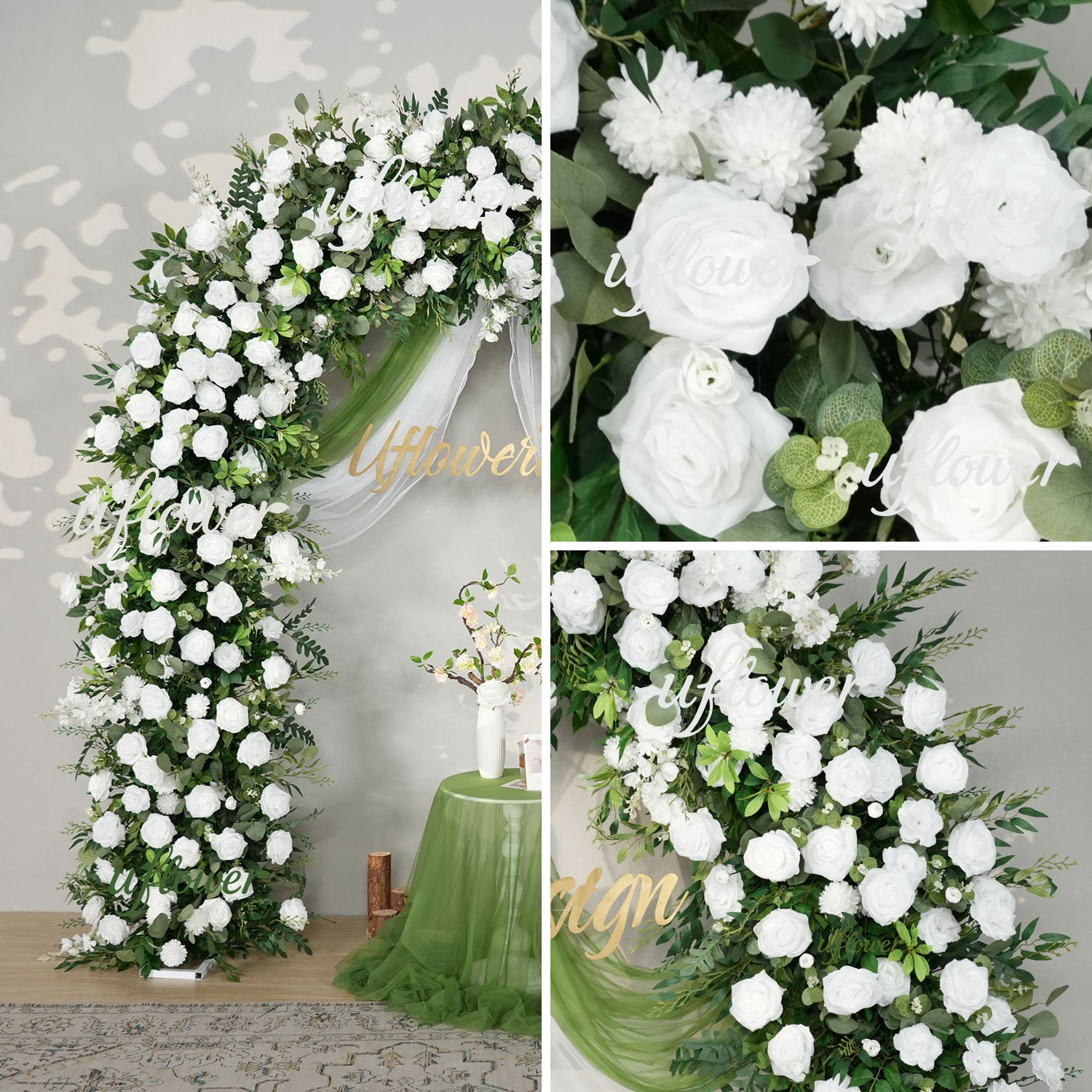 Uflower White Rose Green Leaf Floral Row Decor Wedding Backdrop Door Arch
