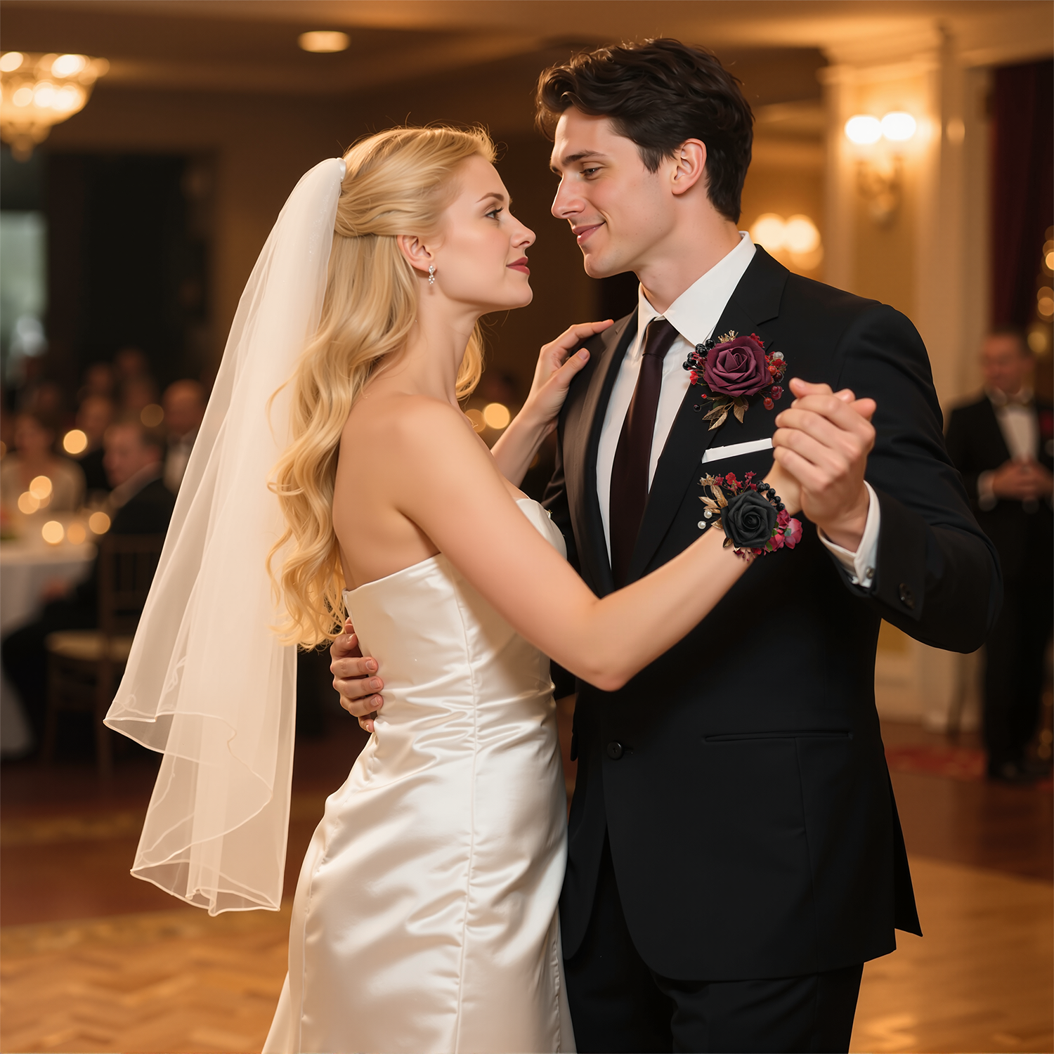 Uflower Black Burgundy Bride Bouquet Wrist Corsage Groom Boutonniere Set Wedding Event Supplies