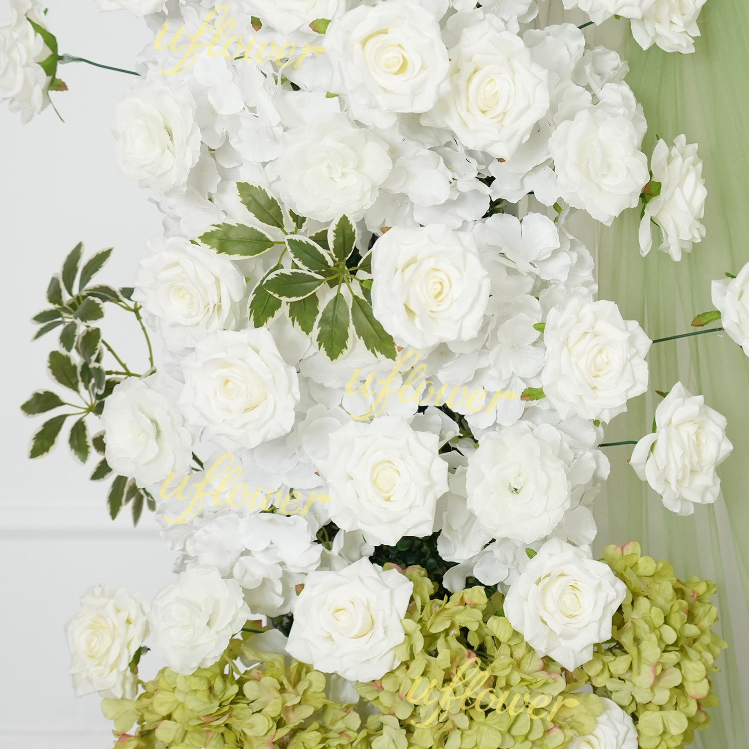 Uflower Artificial Green White Hydrangea Rose Flower Row Wedding KT Backdrop Decor