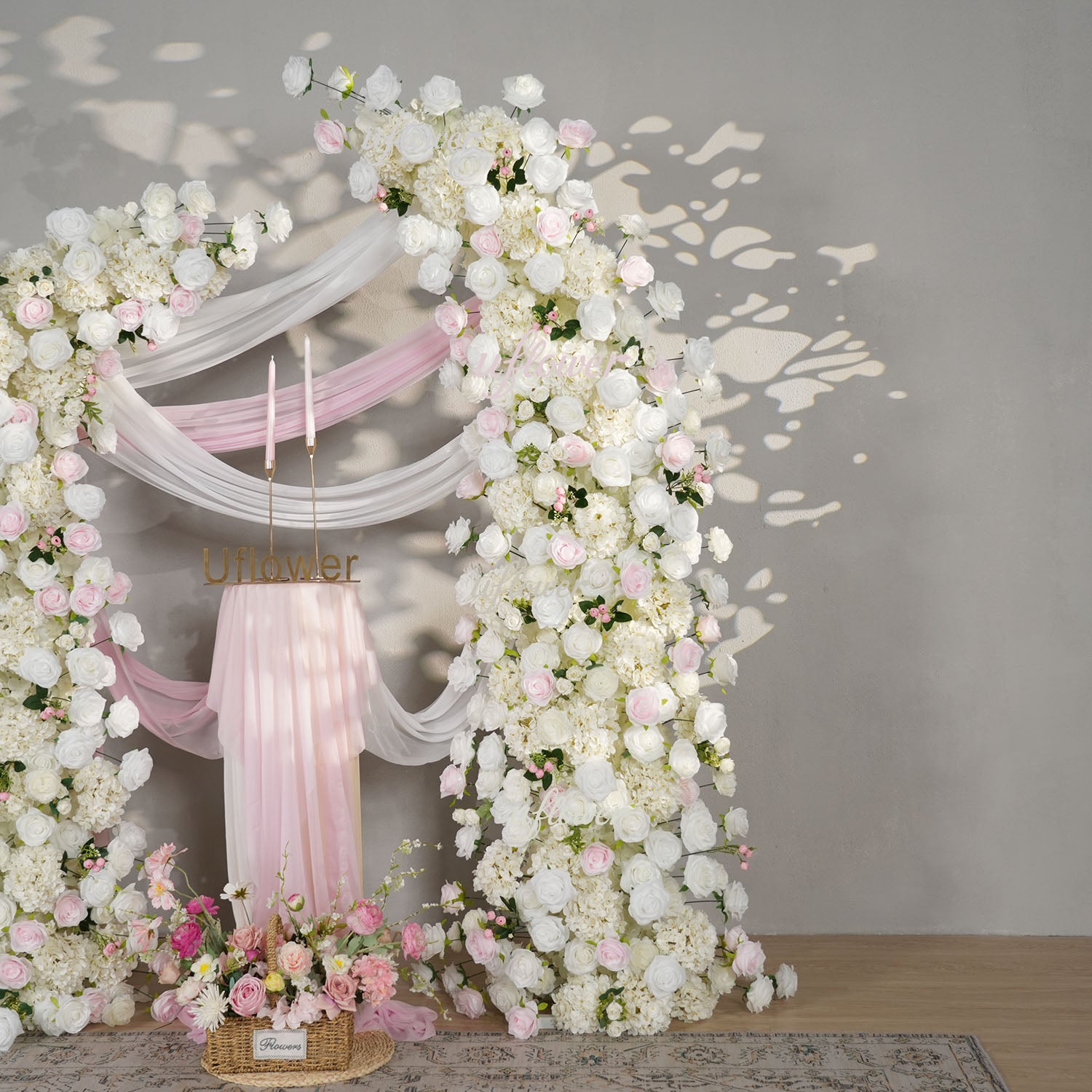 Uflower Pink White Rose Floral Horn Arch Wedding Party Backdrop Decor