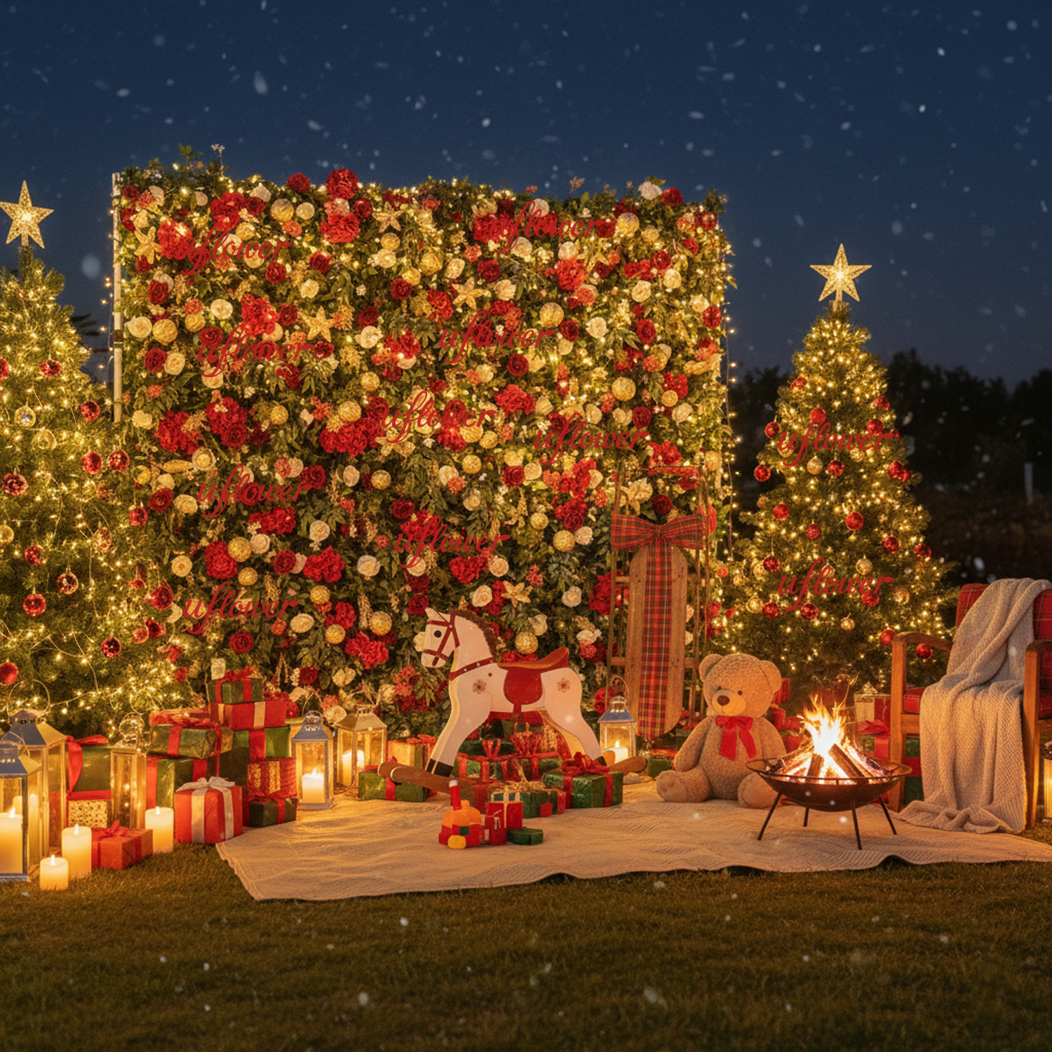 Uflower Christmas Red Gold Flower Wall  Luxurious Star & Ball Decorated Floral Backdrop Holiday Party Decor