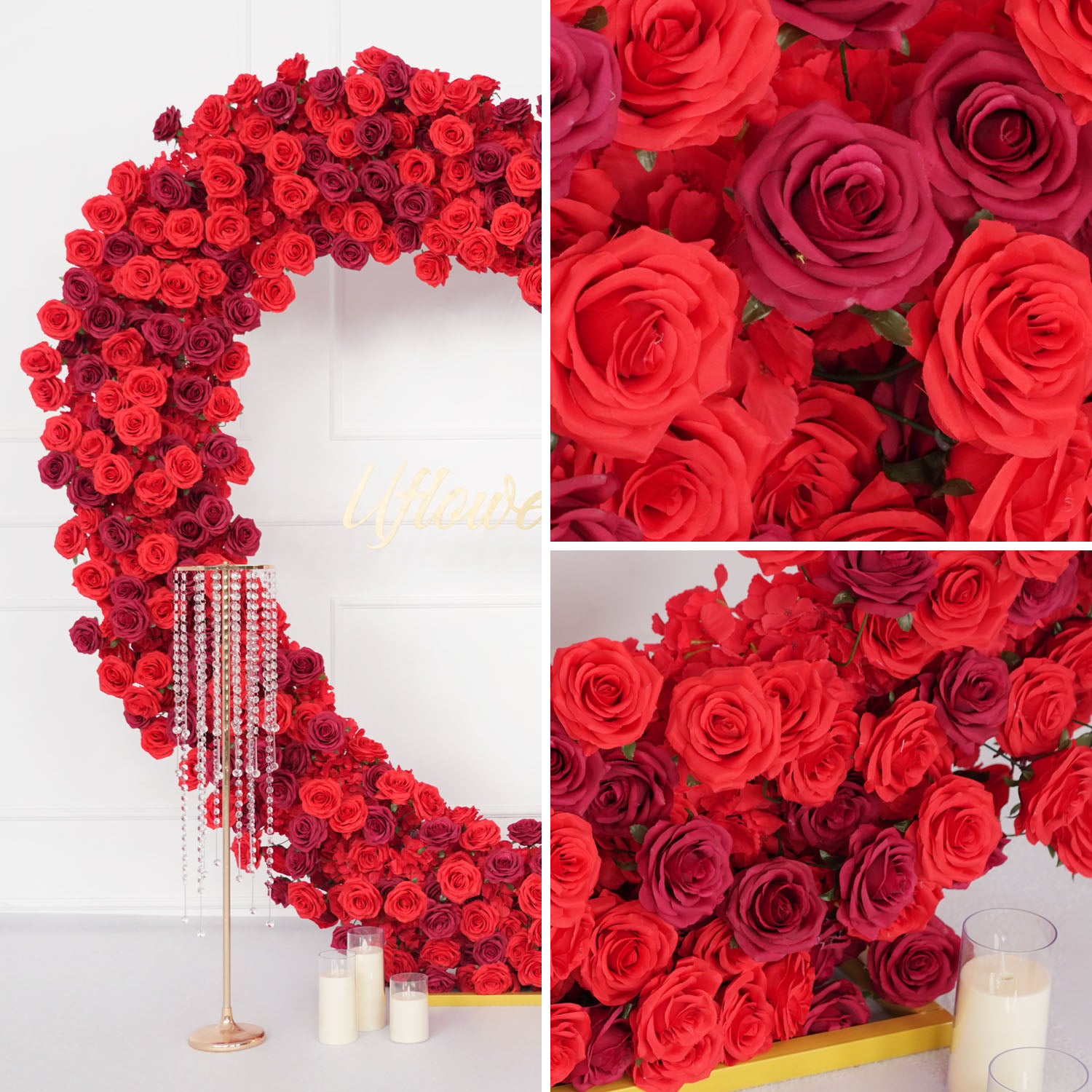 Uflower Luxury Red Rose Floral Arrangement Cloth Base Heart-Shaped Arch Props