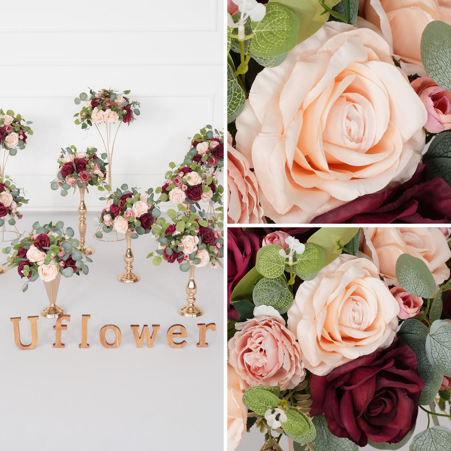 Uflower Red Rose Green Leaf Table Centerpieces Floral Ball Wedding Decoration