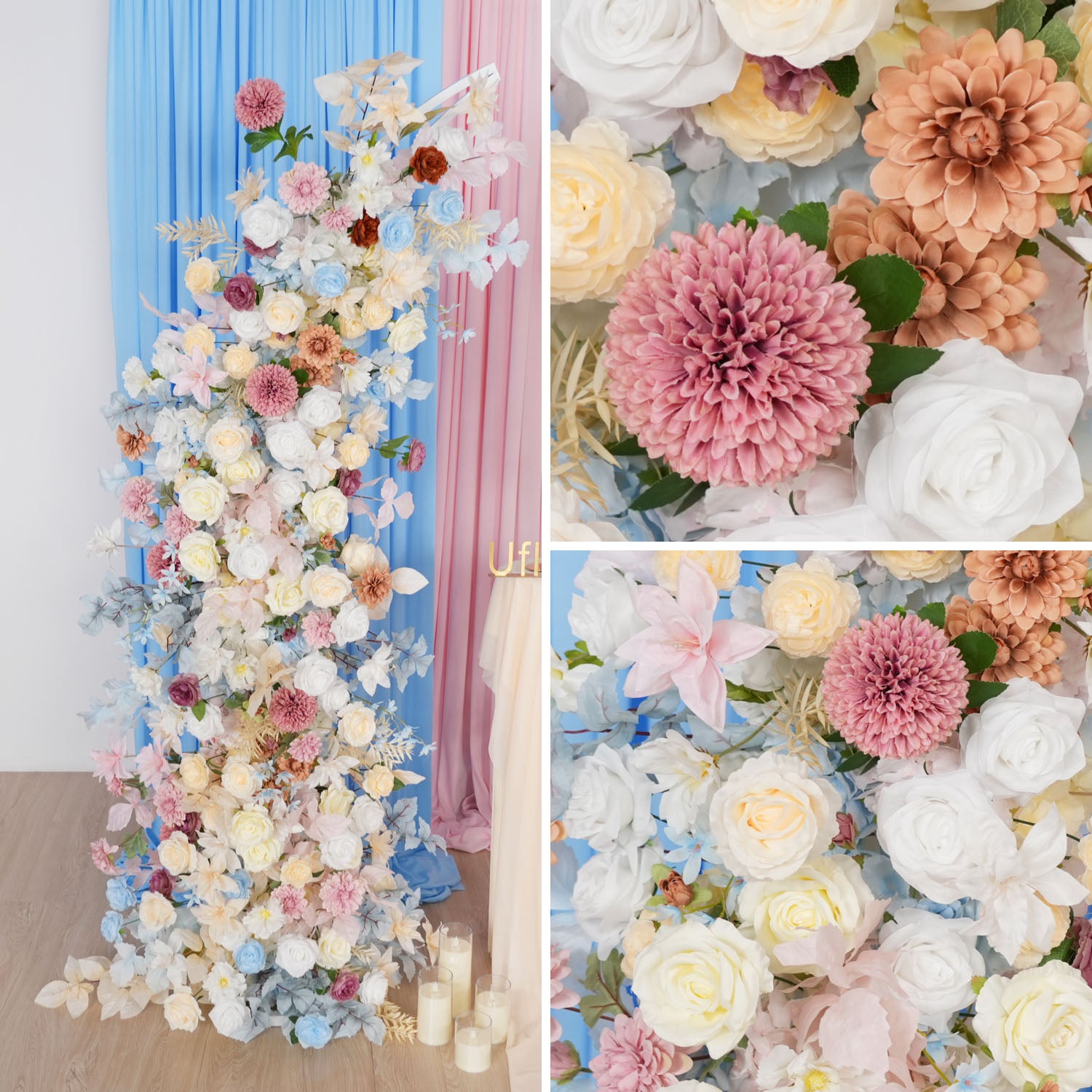 Uflower Pink Blue Champagne Horn Arch Decor Wedding Backdrop Floral Ball Arrangement