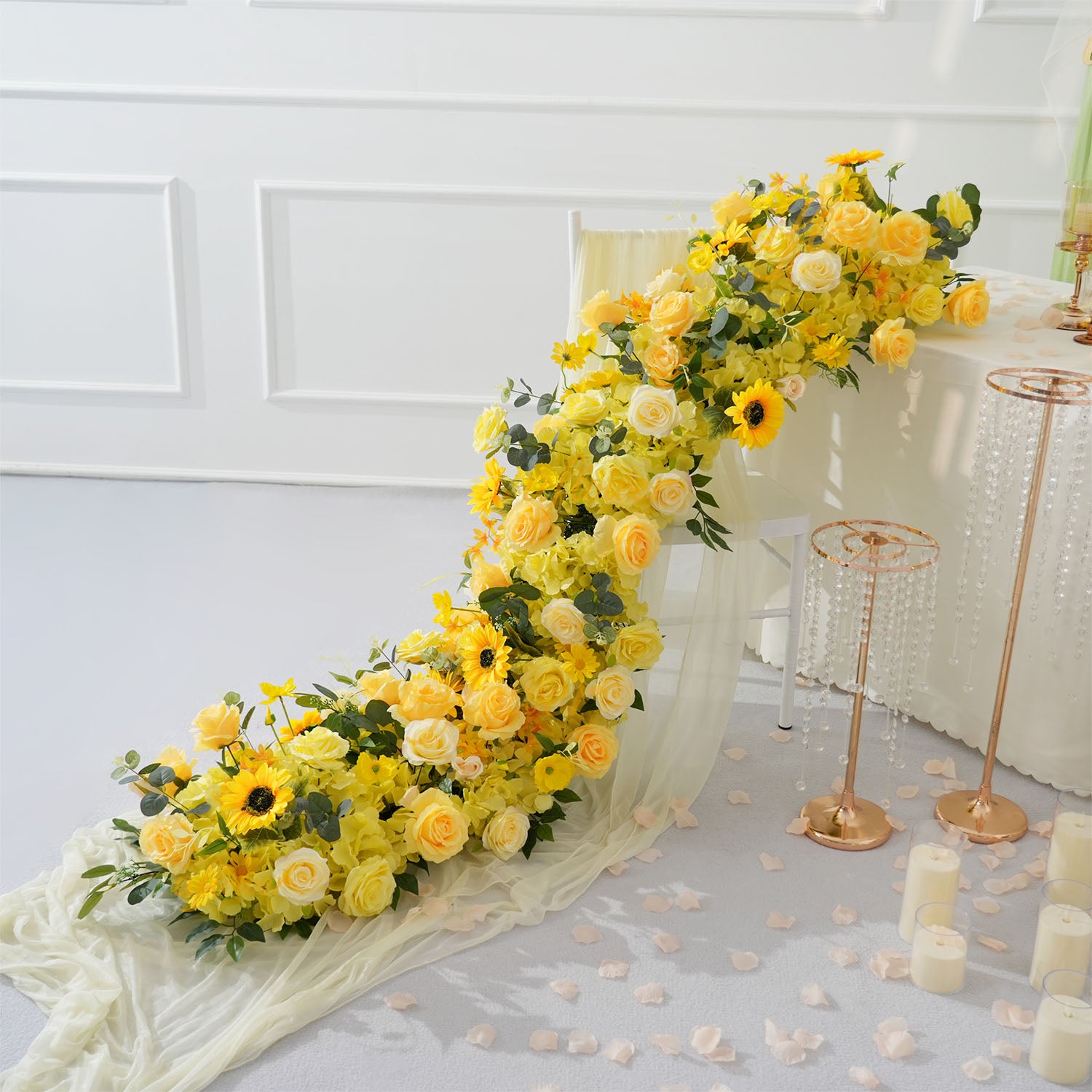 Uflower Yellow Rose Sunflower Table Runner Sofa Floral Wedding Backdrop Decor