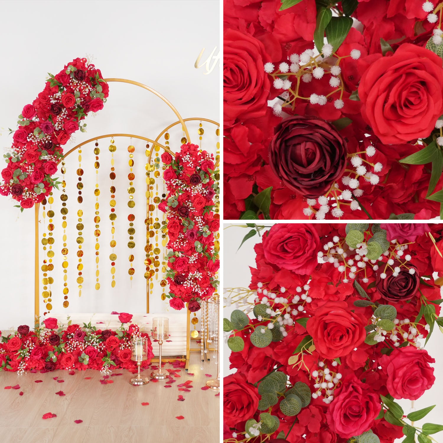 Uflower Artificial Red Rose Babysbreath Green Leaf Flower Row Wedding KT Backdrop Decor