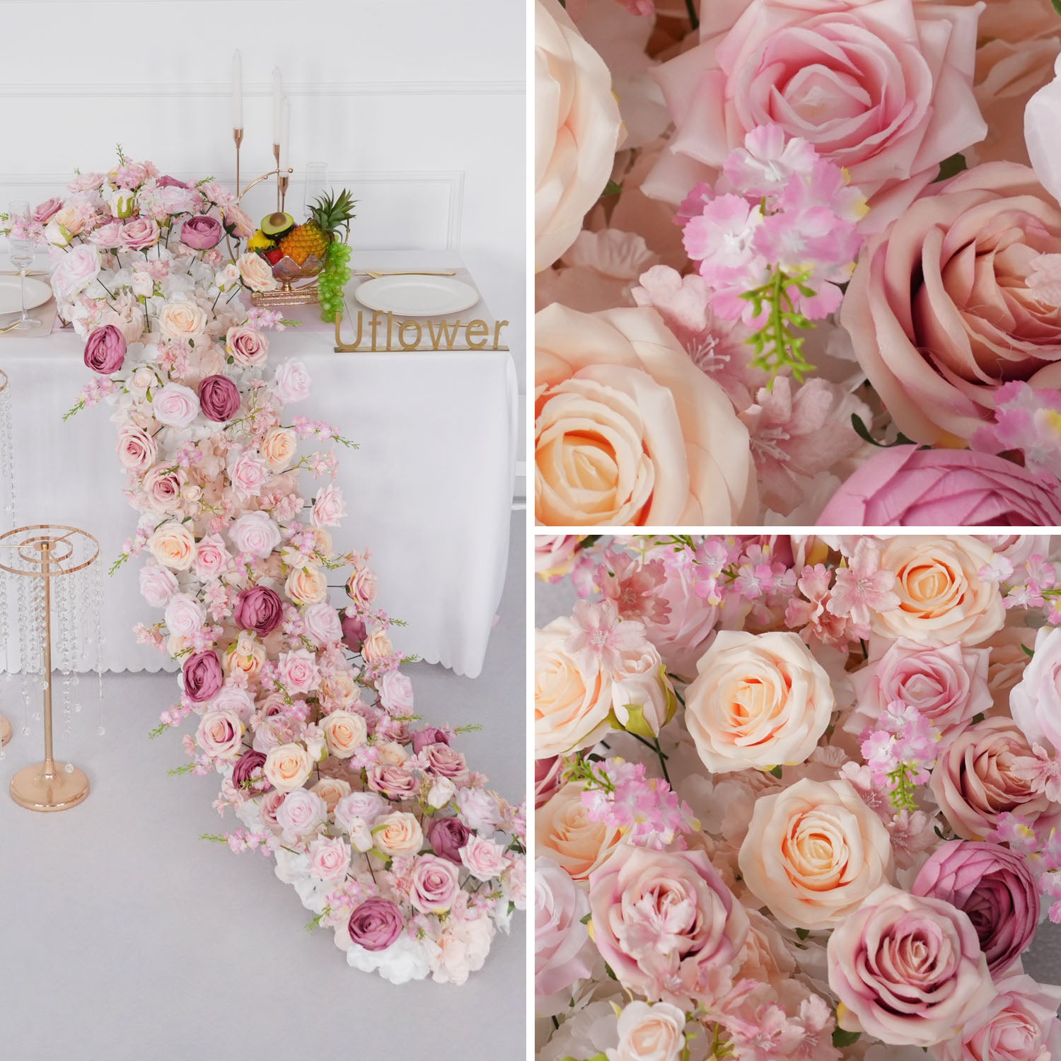 Uflower Pink Rose Sofa Table Runner Floor Flower Arrangement