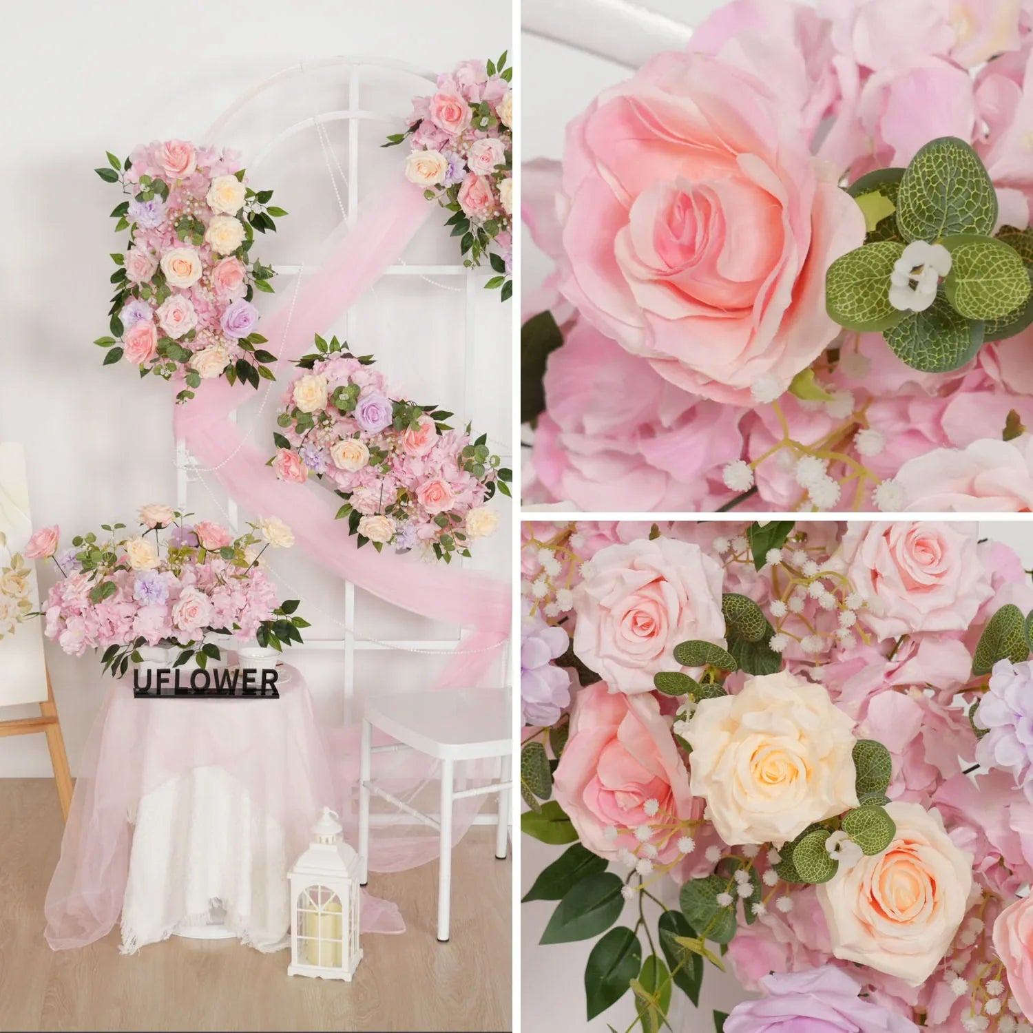 Uflower Artificial Pink Purple Rose Green Leaf Flower Row Wedding KT Backdrop Decor - Uflower