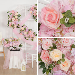 Uflower Artificial Pink Purple Rose Green Leaf Flower Row Wedding KT Backdrop Decor