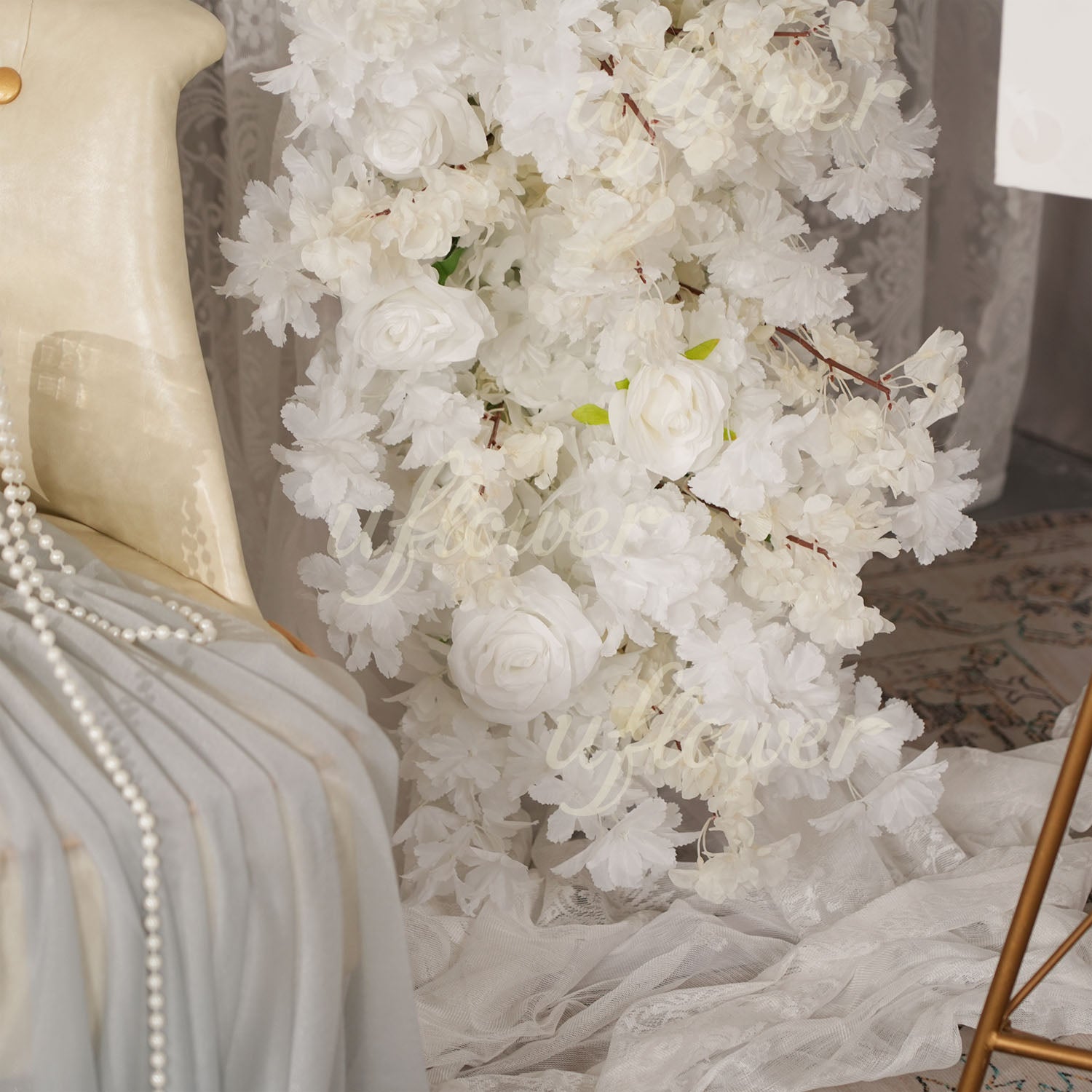 Uflower White Cherry Blossom Flower Row Wedding KT Backdrop Decor