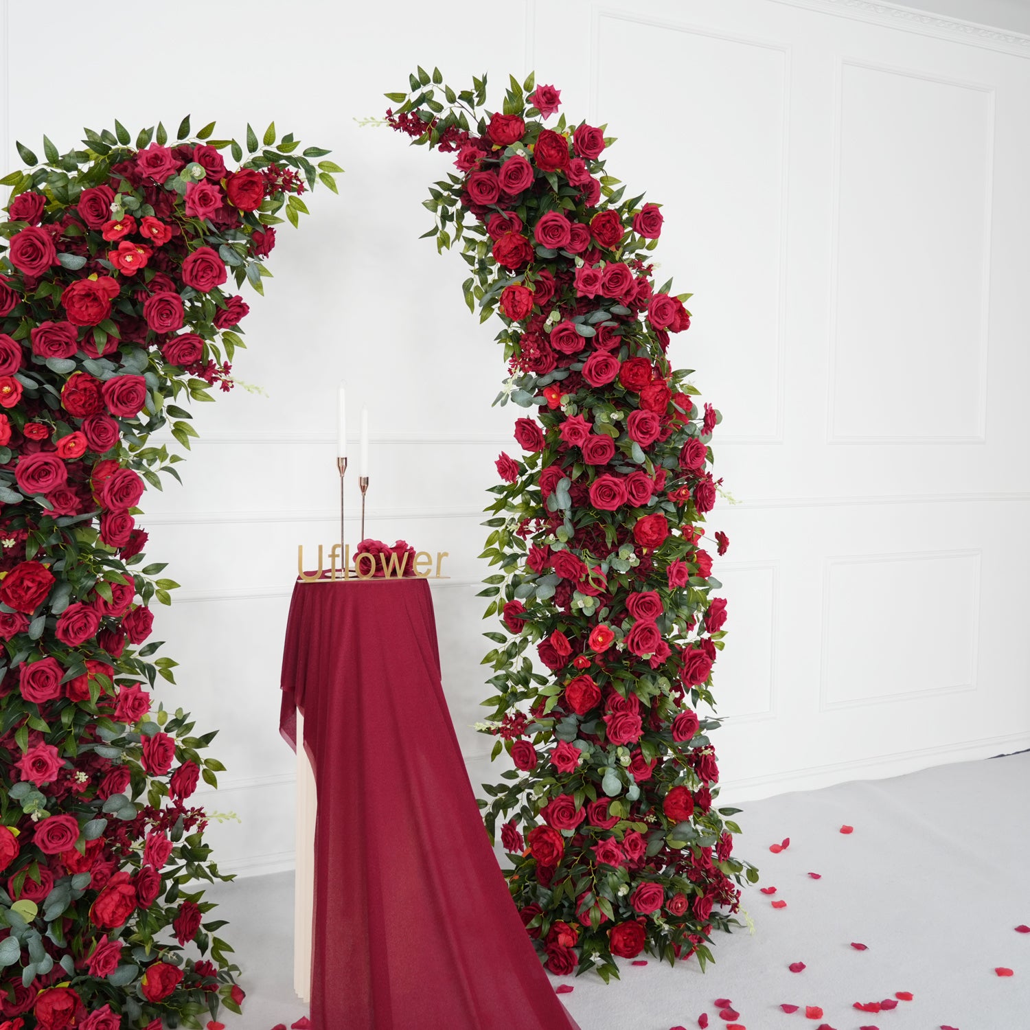 Uflower Red Rose Floral Arch Wedding Backdrop Decor