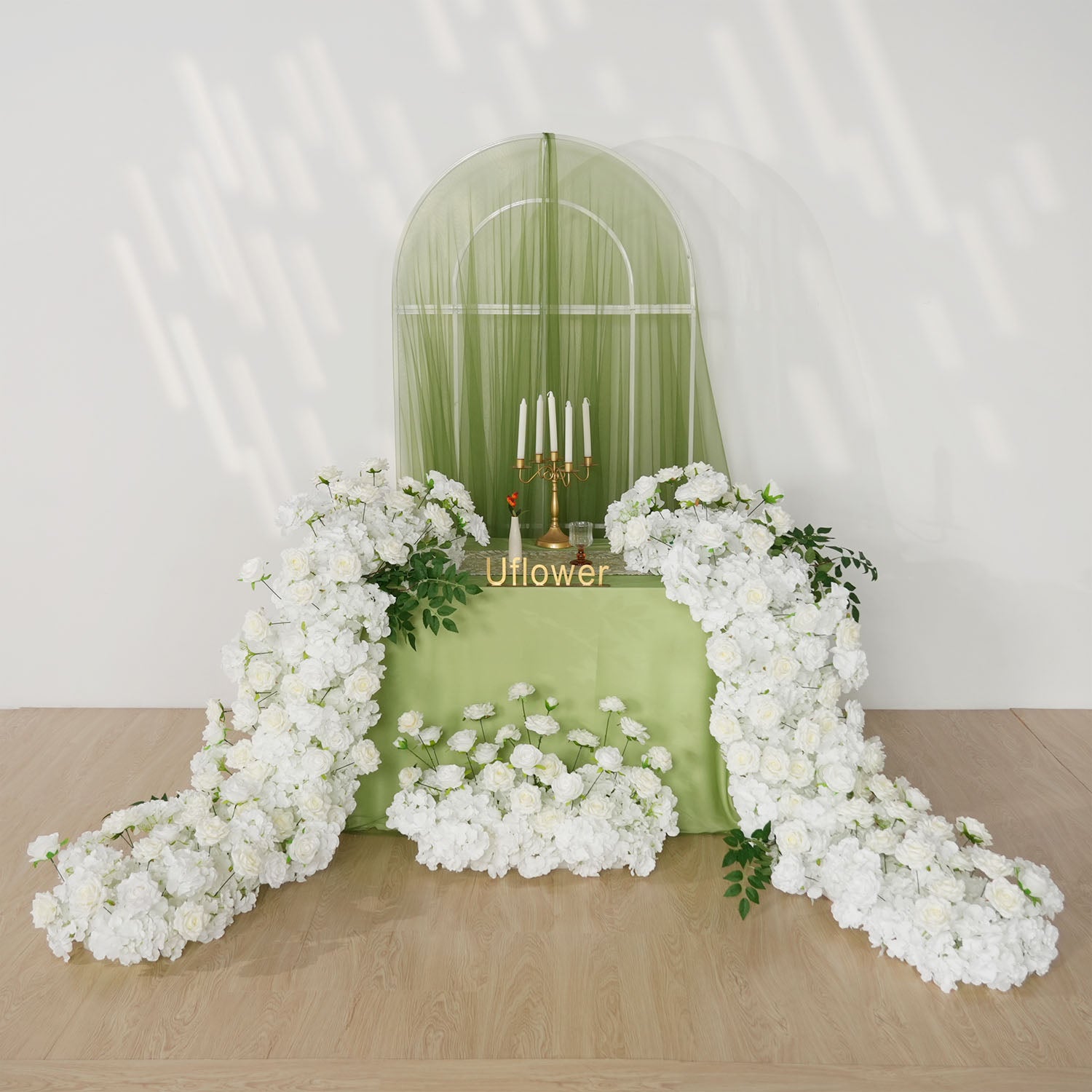 Uflower White Rose Table Runner Sofa Floral Wedding Backdrop Decor