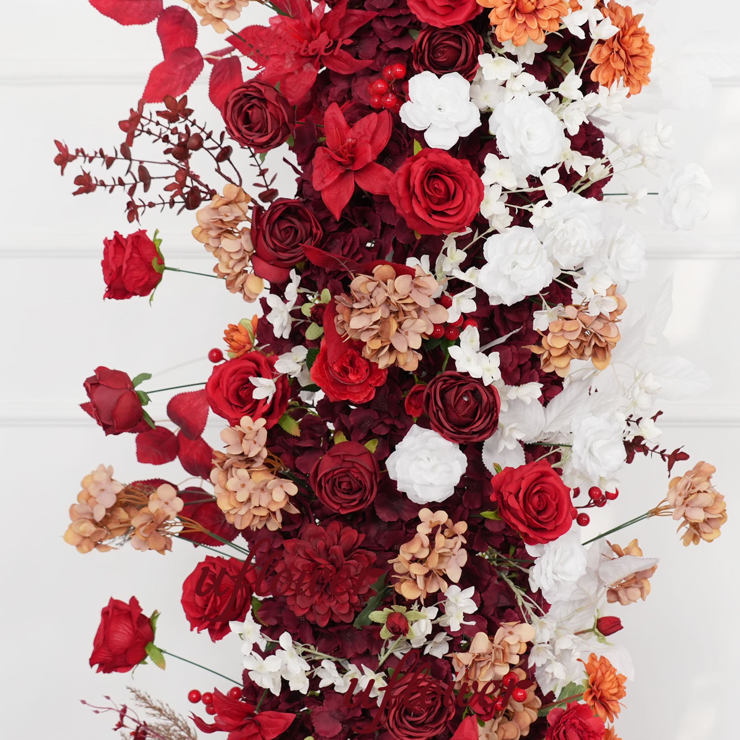 Uflower Autumn Red Rose Floral Horn Arch Wedding Party Backdrop Decor