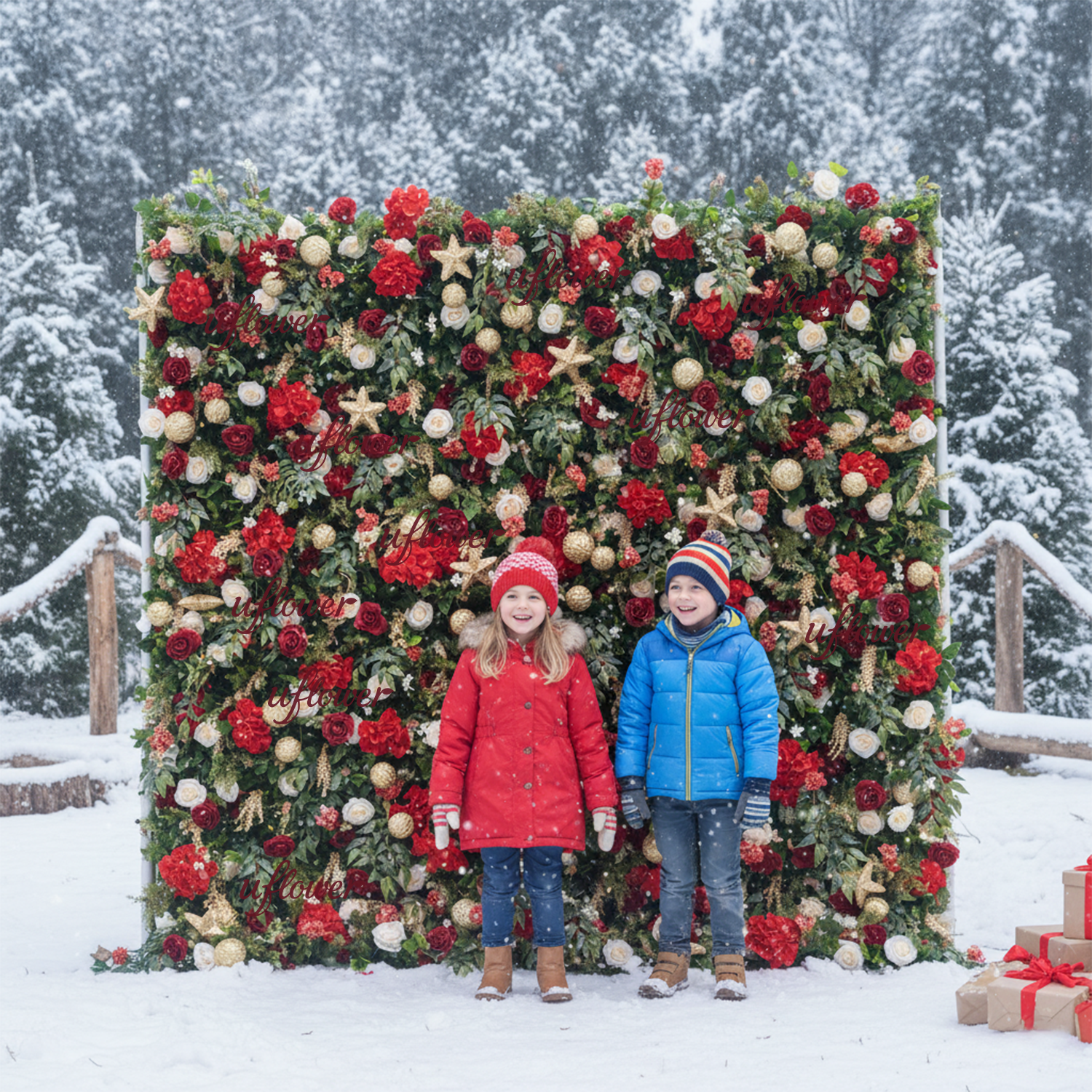 Uflower Christmas Red Gold Flower Wall  Luxurious Star & Ball Decorated Floral Backdrop Holiday Party Decor