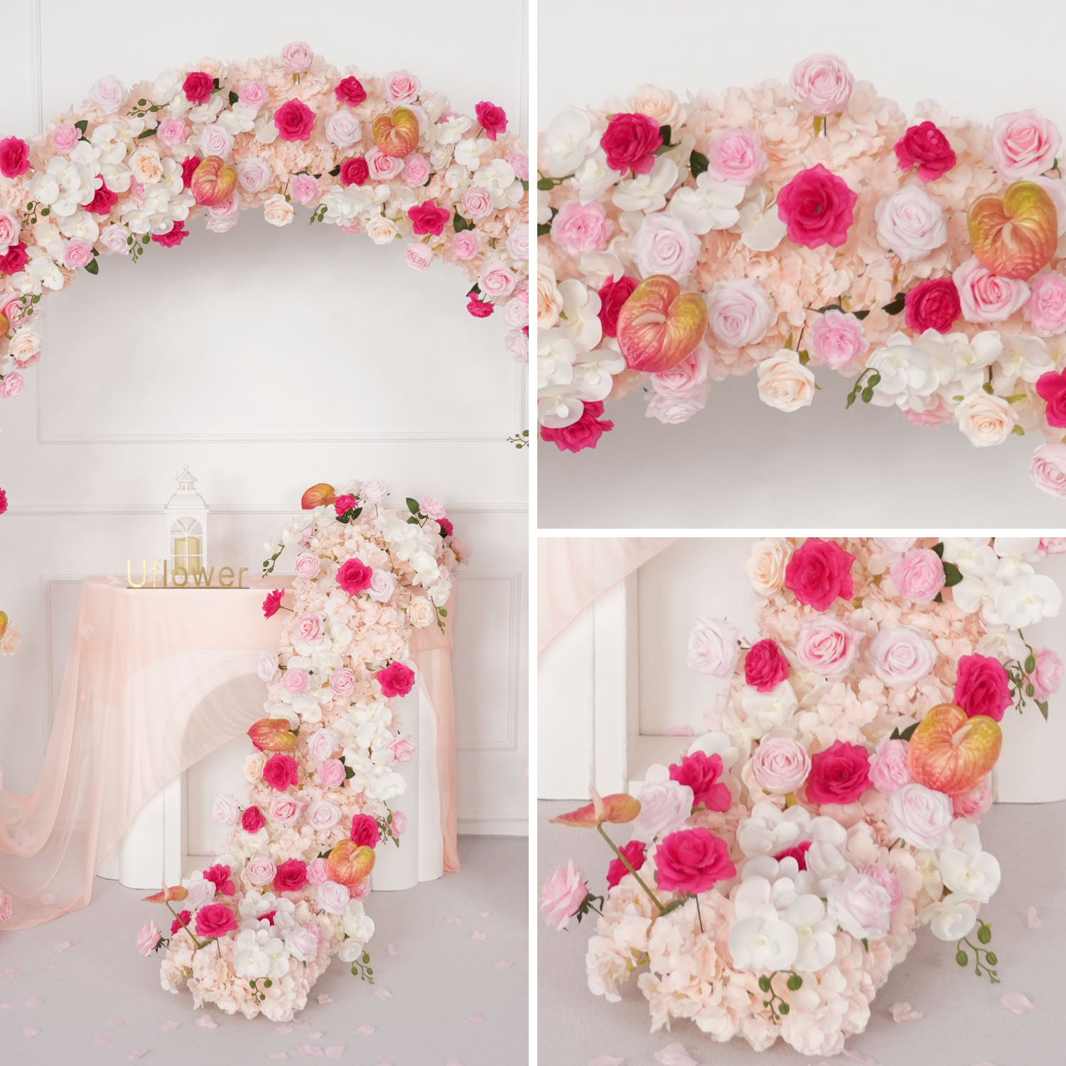 Uflower Pink Rose Floral Door Arch Wedding Party Backdrop Decoration