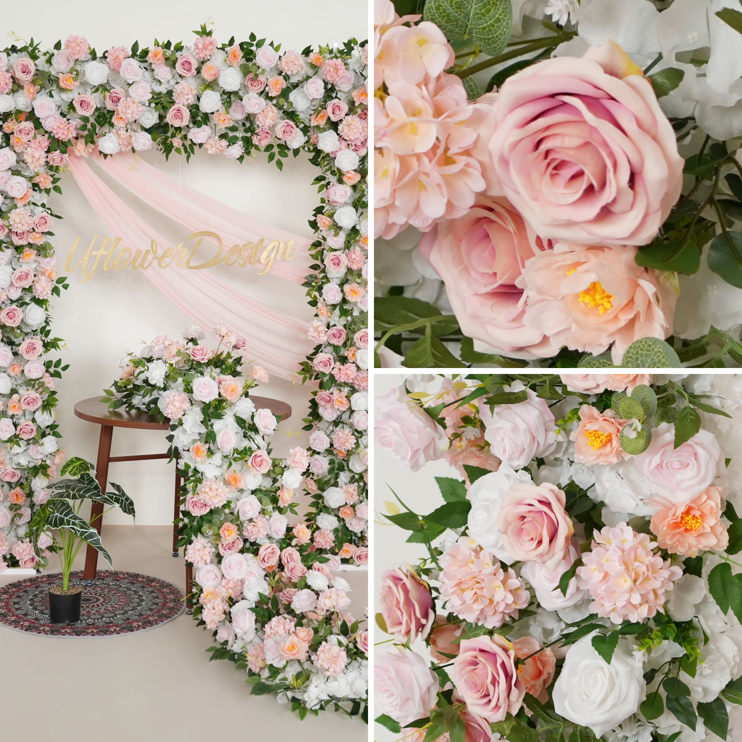Uflower Pink White Rose Floral Square Arch Wedding Party Backdrop Decoration