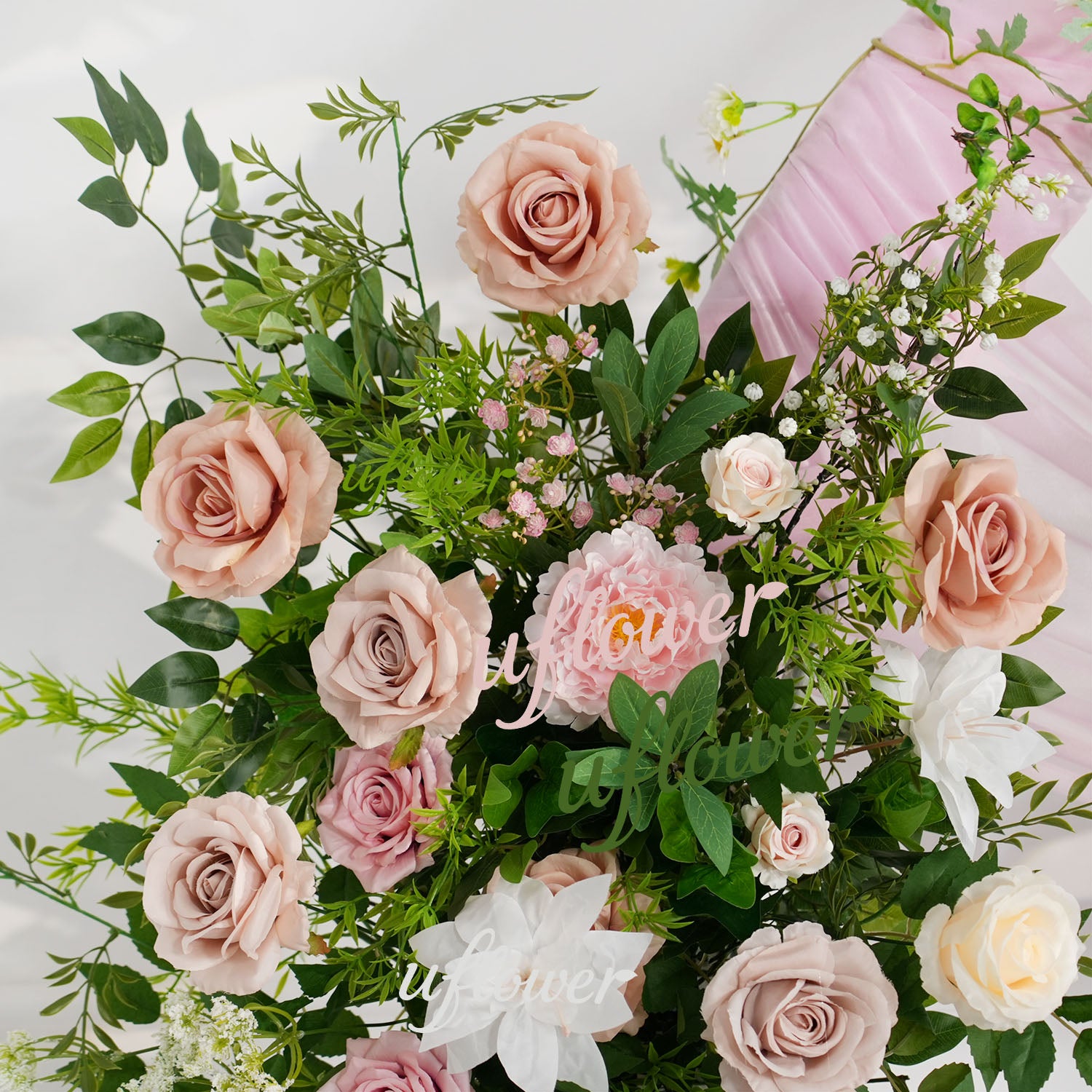 Uflower Pink Rose Green Leaf Hang Flower Floor Floral Wedding Party Event Props