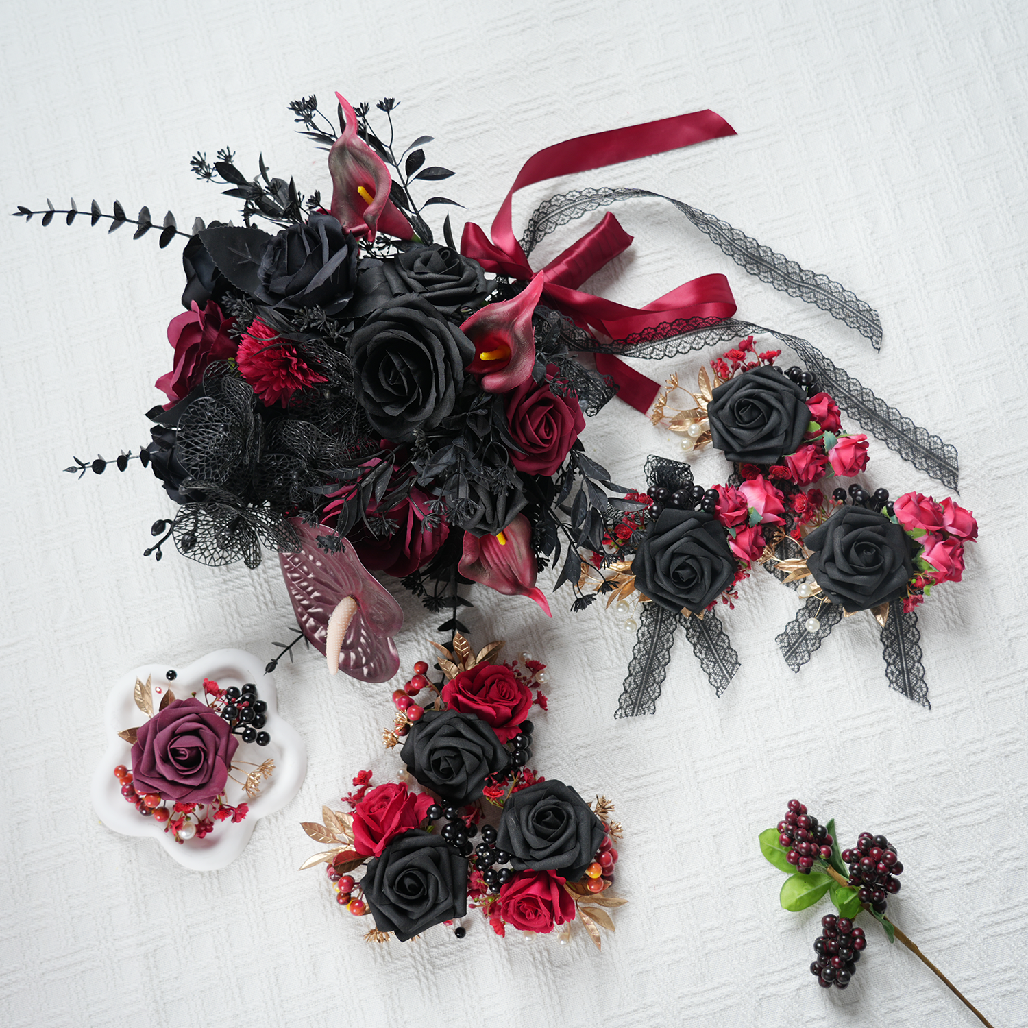 Uflower Black Burgundy Bride Bouquet Wrist Corsage Groom Boutonniere Set Wedding Event Supplies