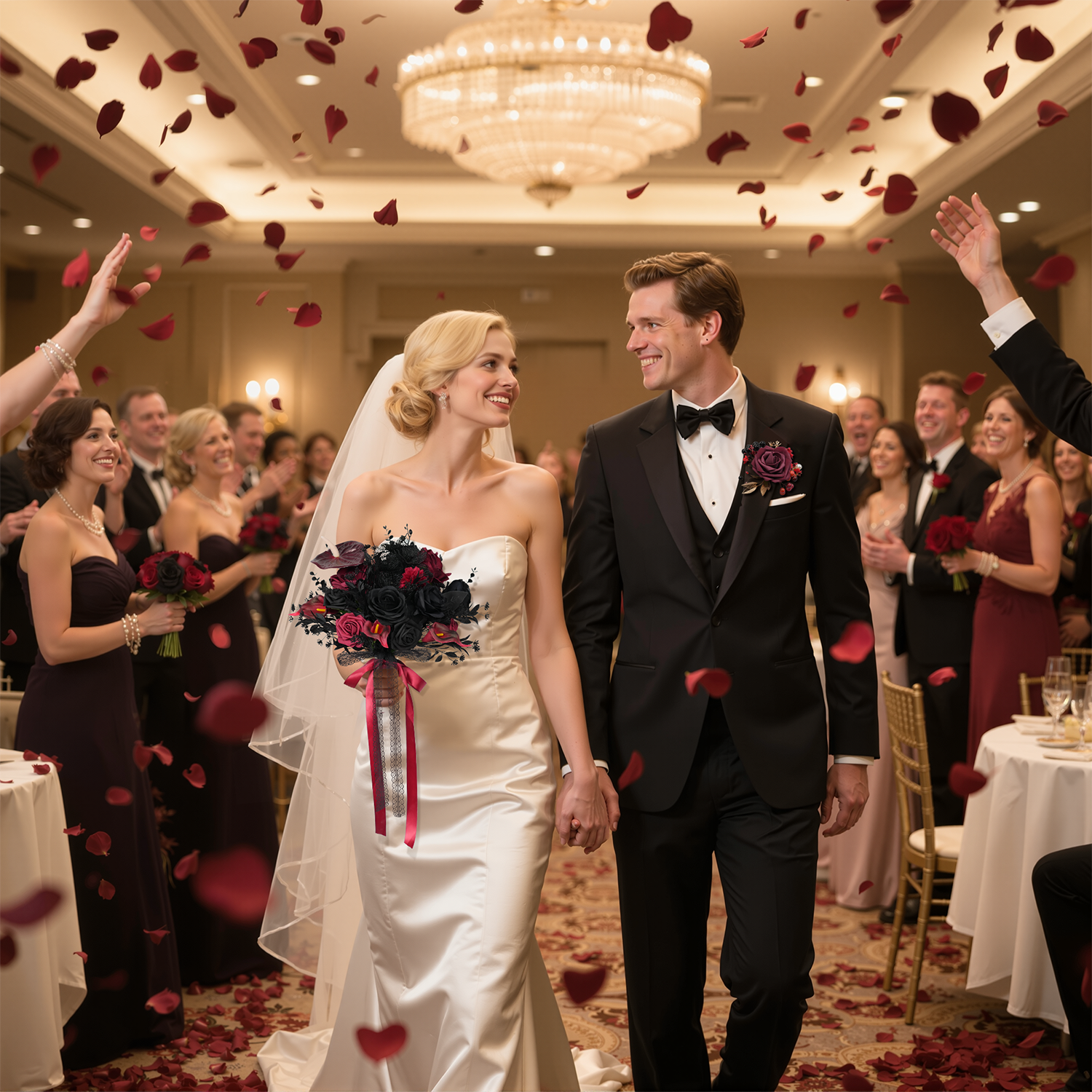 Uflower Black Burgundy Bride Bouquet Wrist Corsage Groom Boutonniere Set Wedding Event Supplies