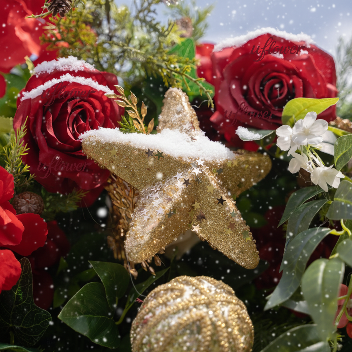 Uflower Christmas Red Gold Flower Wall  Luxurious Star & Ball Decorated Floral Backdrop Holiday Party Decor