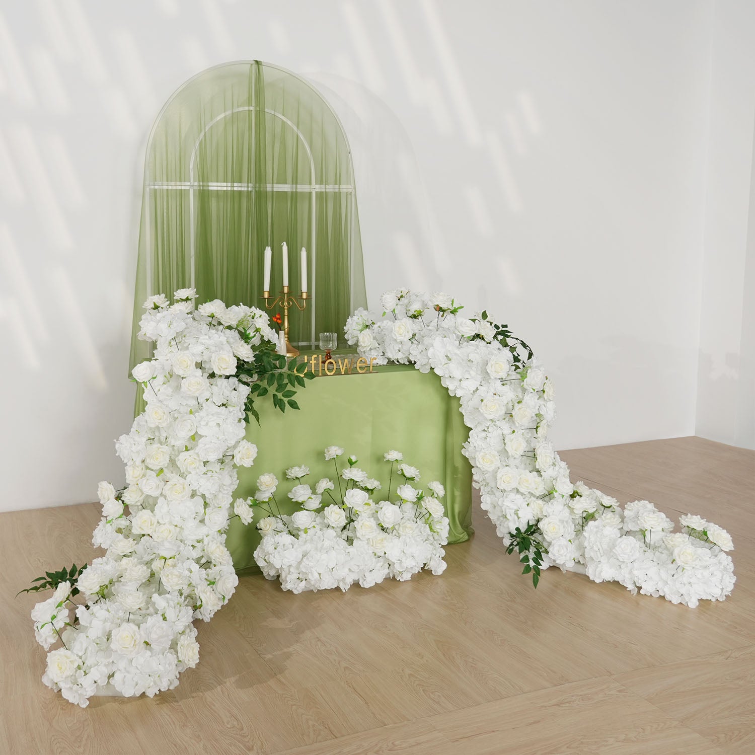 Uflower White Rose Table Runner Sofa Floral Wedding Backdrop Decor