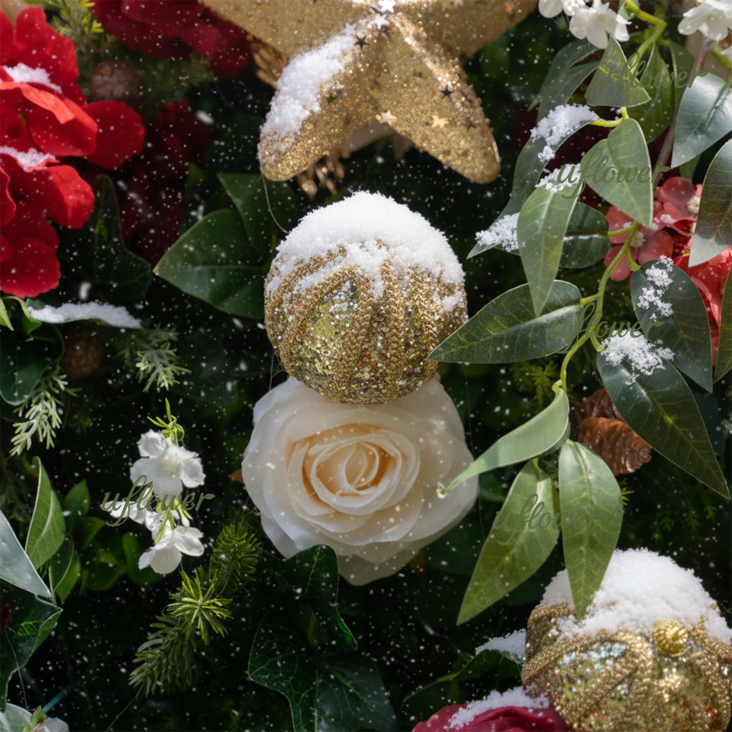 Uflower Christmas Red Gold Flower Wall  Luxurious Star & Ball Decorated Floral Backdrop Holiday Party Decor