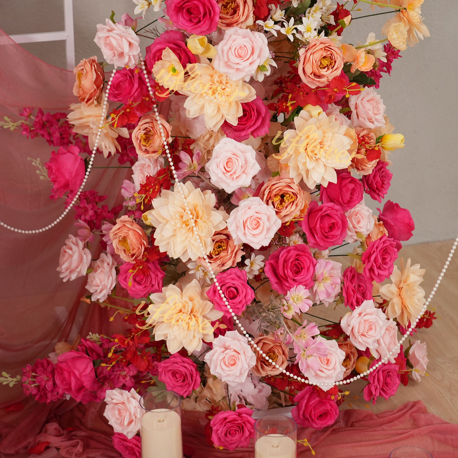 Uflower Champagne Pink Flower Horn Arch Wedding Party Birthday Backdrop Decor