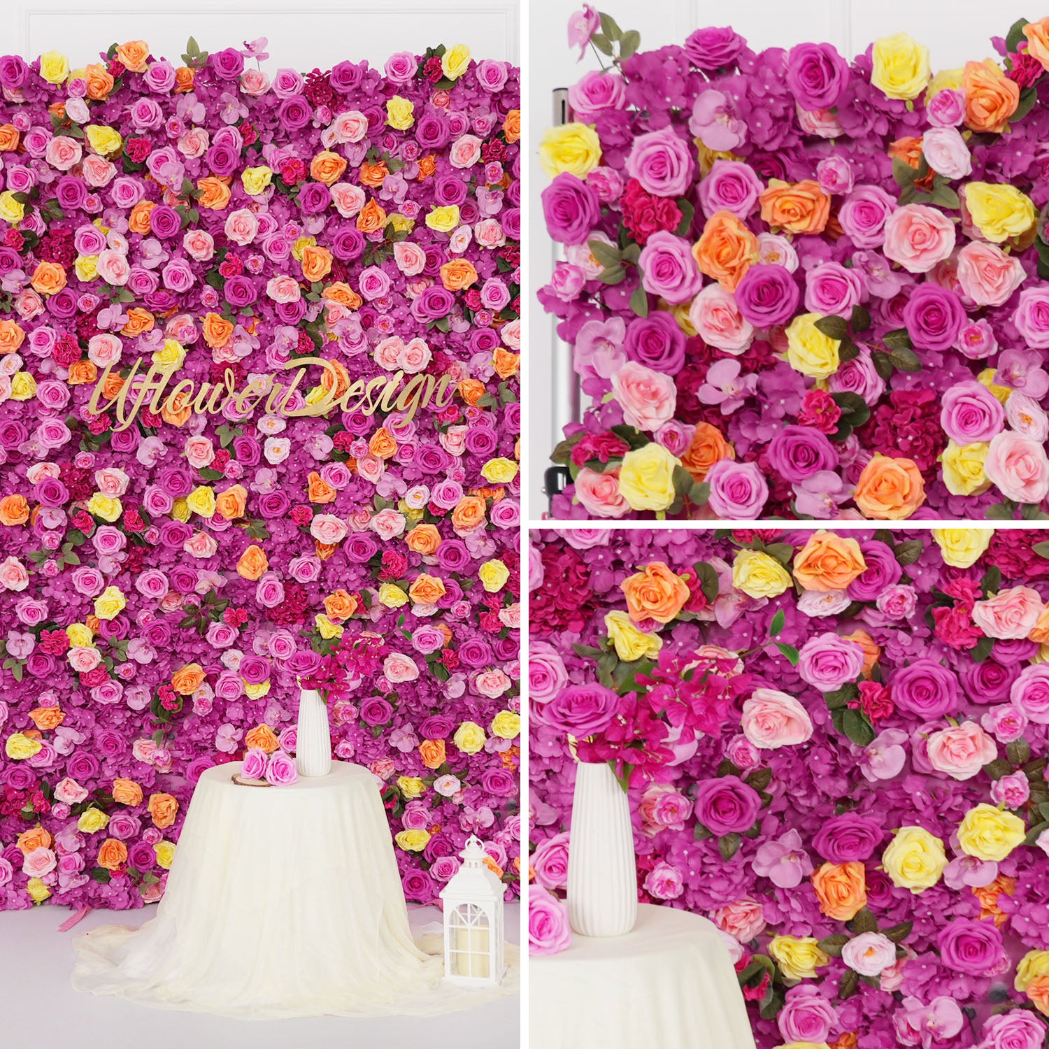 Uflower Flower Wall Hot Pink Orange Rose Floral Backdrop Wedding Party Proposal Decor Banquet Supplies