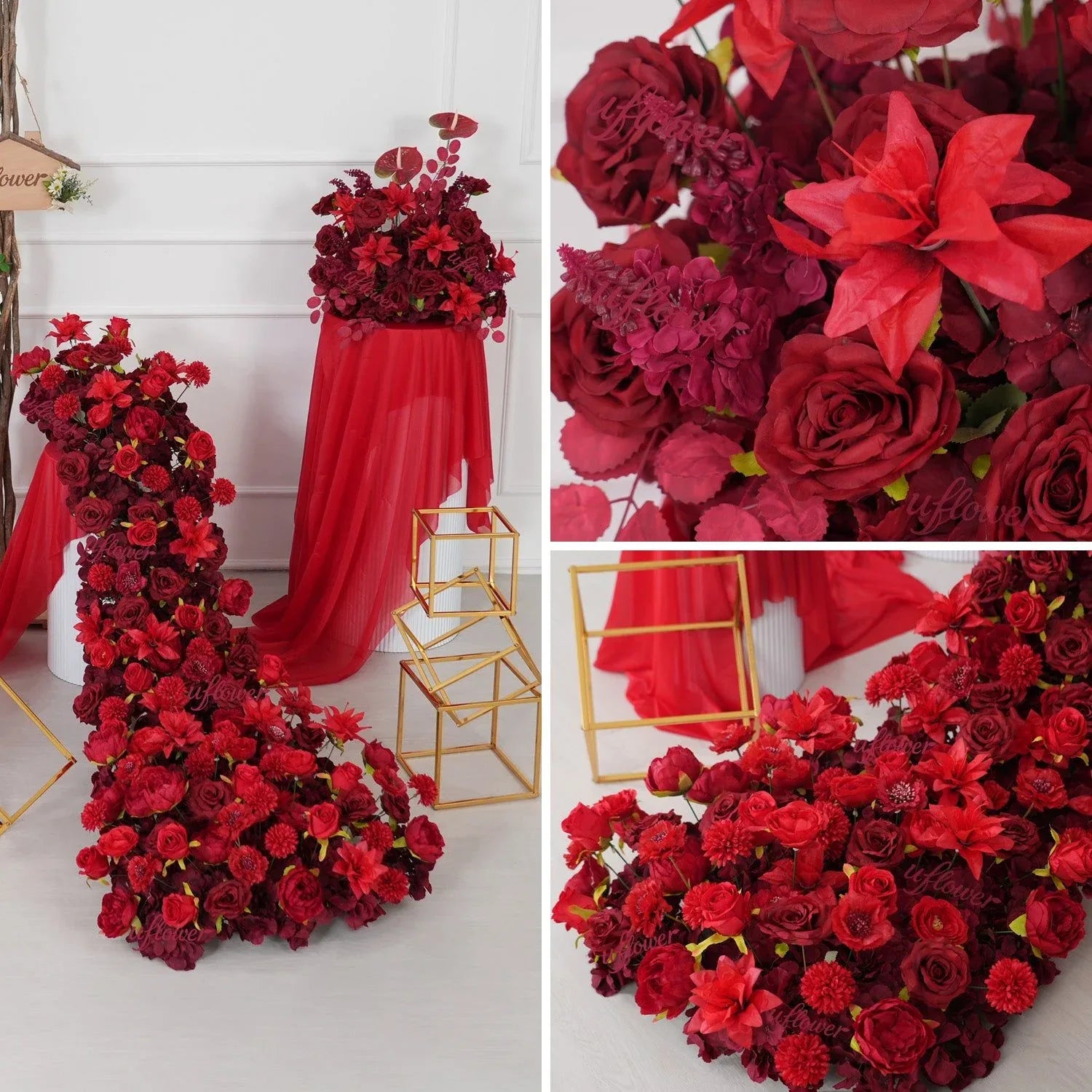 Uflower Dark Red Rose Flower Row Decor KT Board Wedding Arrangement Props SET80210 - Uflower