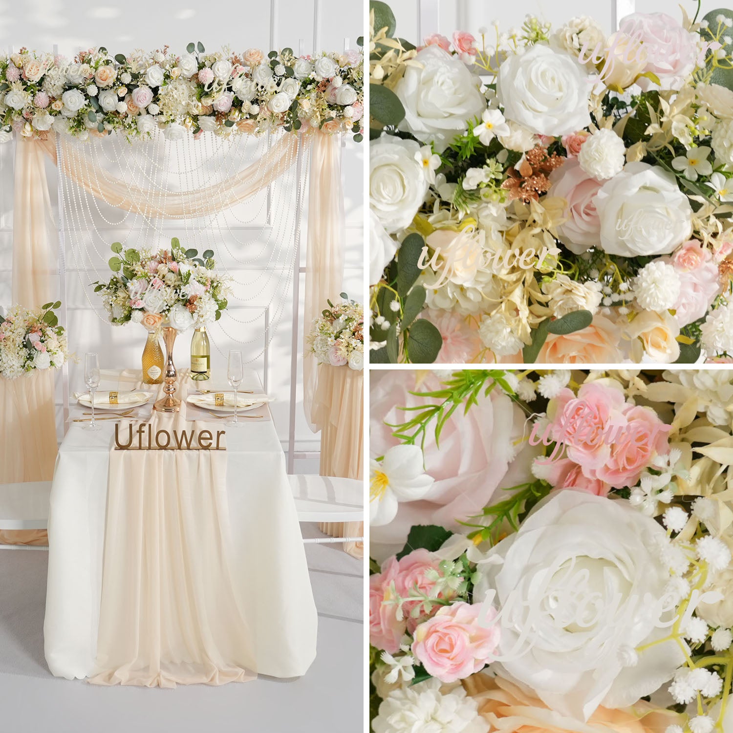 Artificial Champagne Pink White Rose Flower Arrangement Wedding Backdrop Decor Props