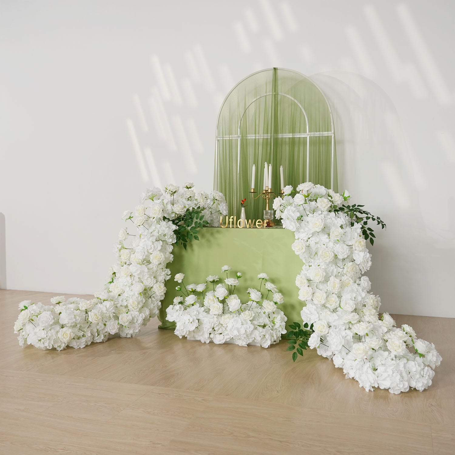Uflower White Rose Table Runner Sofa Floral Wedding Backdrop Decor