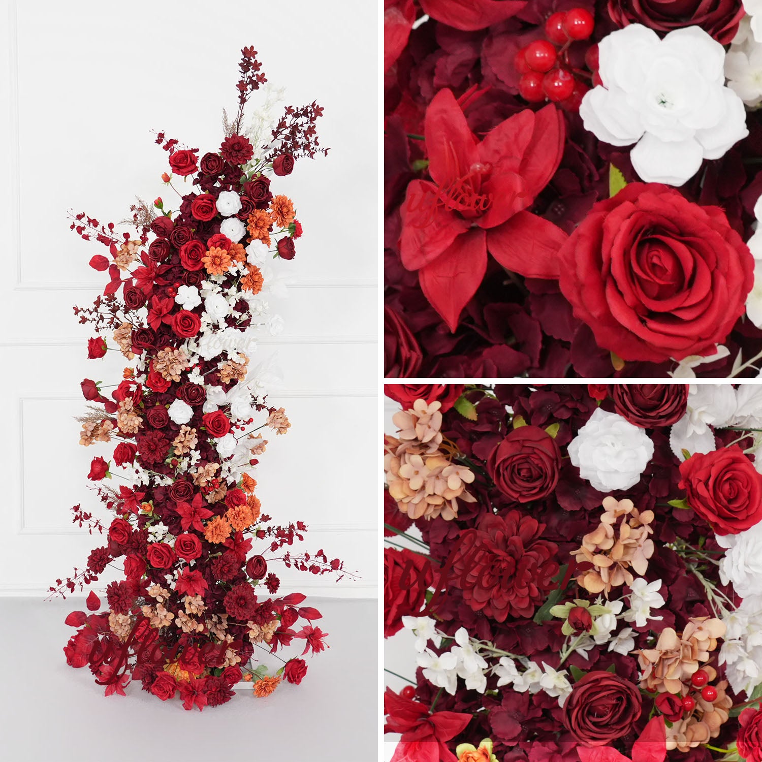 Uflower Autumn Red Rose Floral Horn Arch Wedding Party Backdrop Decor